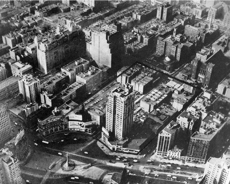 Columbus Circle: before the Deutsche Bank Center and before the Coliseum. (Public Domain: Committee on Slum Clearance, Columbus Circle)