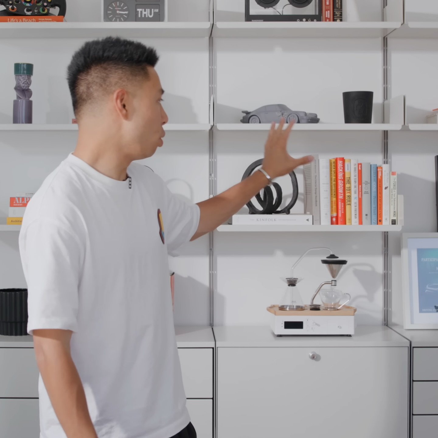 Nice to see Justin Tse utilising the Barisieur in the living room. What do you think of the walnut wood top and white? We&rsquo;ve always been a big fan of B-404 shelving system!