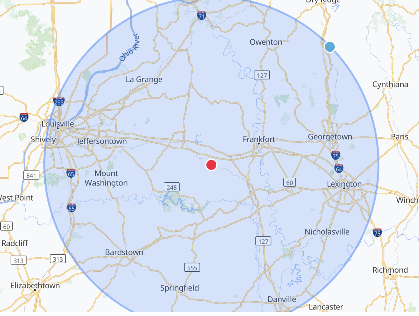 Map showing a radius around a location in Kentucky, with cities like Louisville, Lexington, and Frankfort marked.