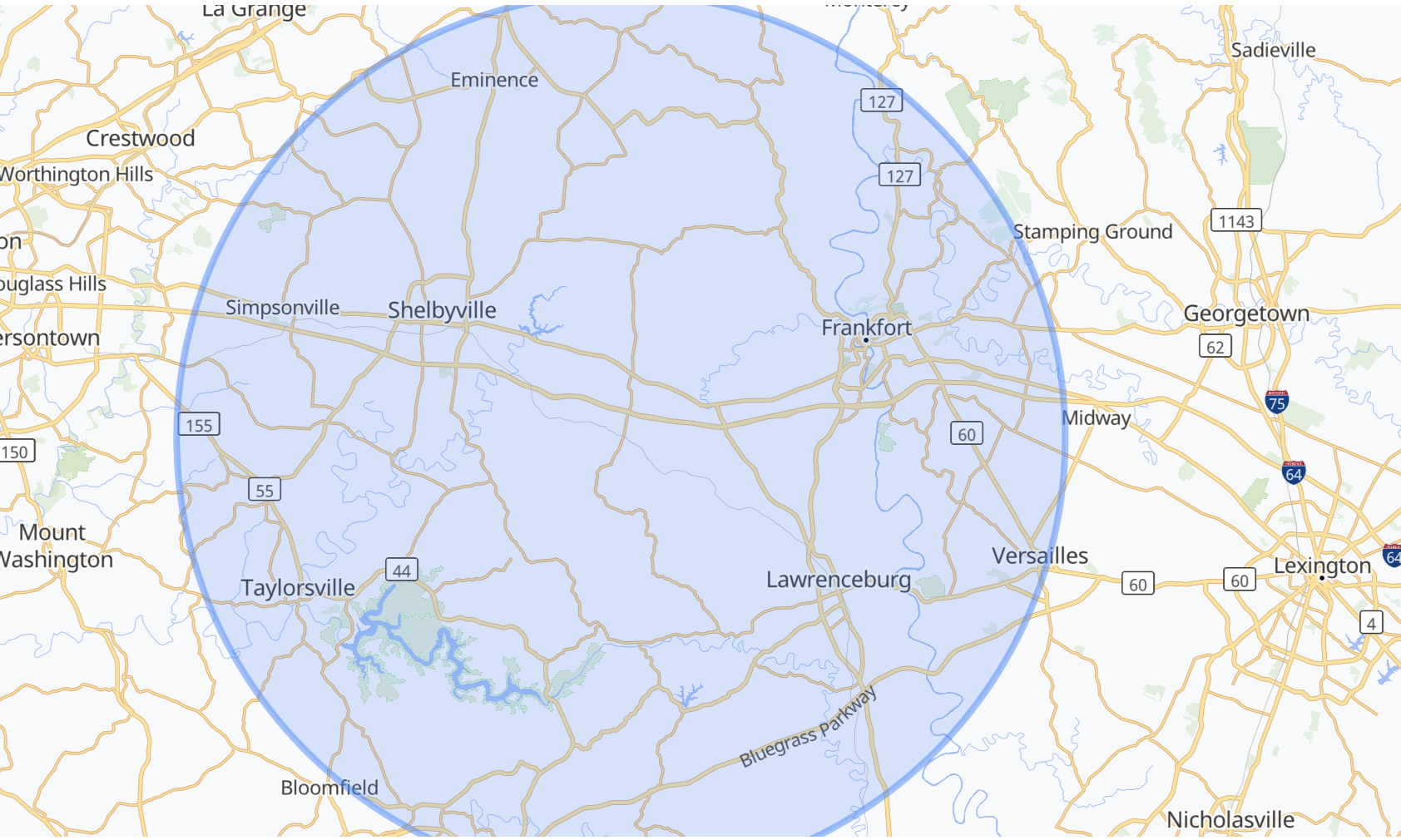 Map of an area in Kentucky with a blue circle overlay highlighting the region, including cities such as Frankfort, Shelbyville, Lawrenceburg, and Taylorville.