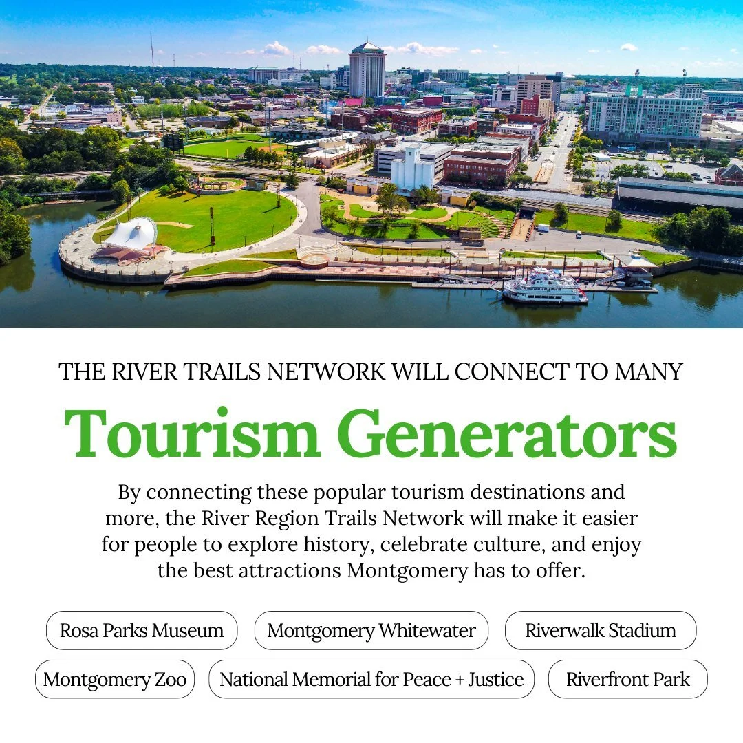 A vibrant aerial view of Montgomery, Alabama, showing a riverfront park with green lawns, walking paths, a riverboat, and the city skyline with various buildings and a tall tower in the background.