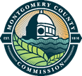 Montgomery County Commission logo with a stylized building, green field, and a ribbon with red, white, and green colors.