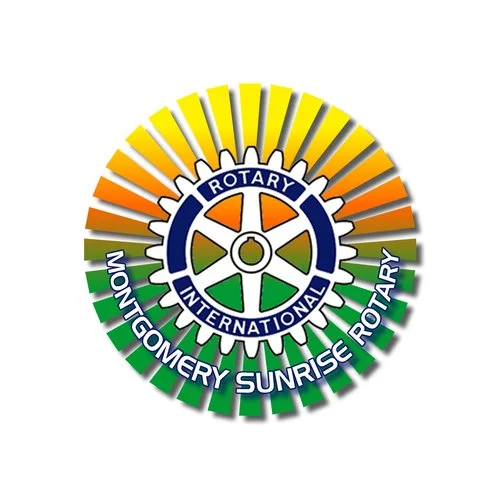 The Rotary International logo with a gear symbol in the center, surrounded by a rainbow gradient with green, orange, yellow, and red colors, and the text Montgomery Sunrise Rotary encircling the gear.
