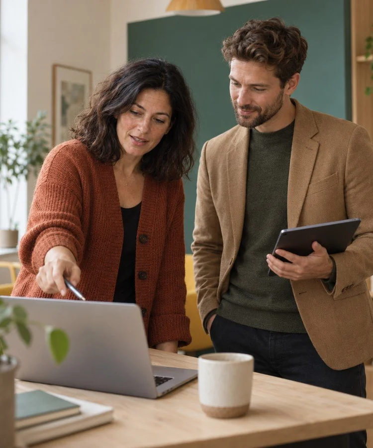 Two colleagues reviewing results together on a laptop