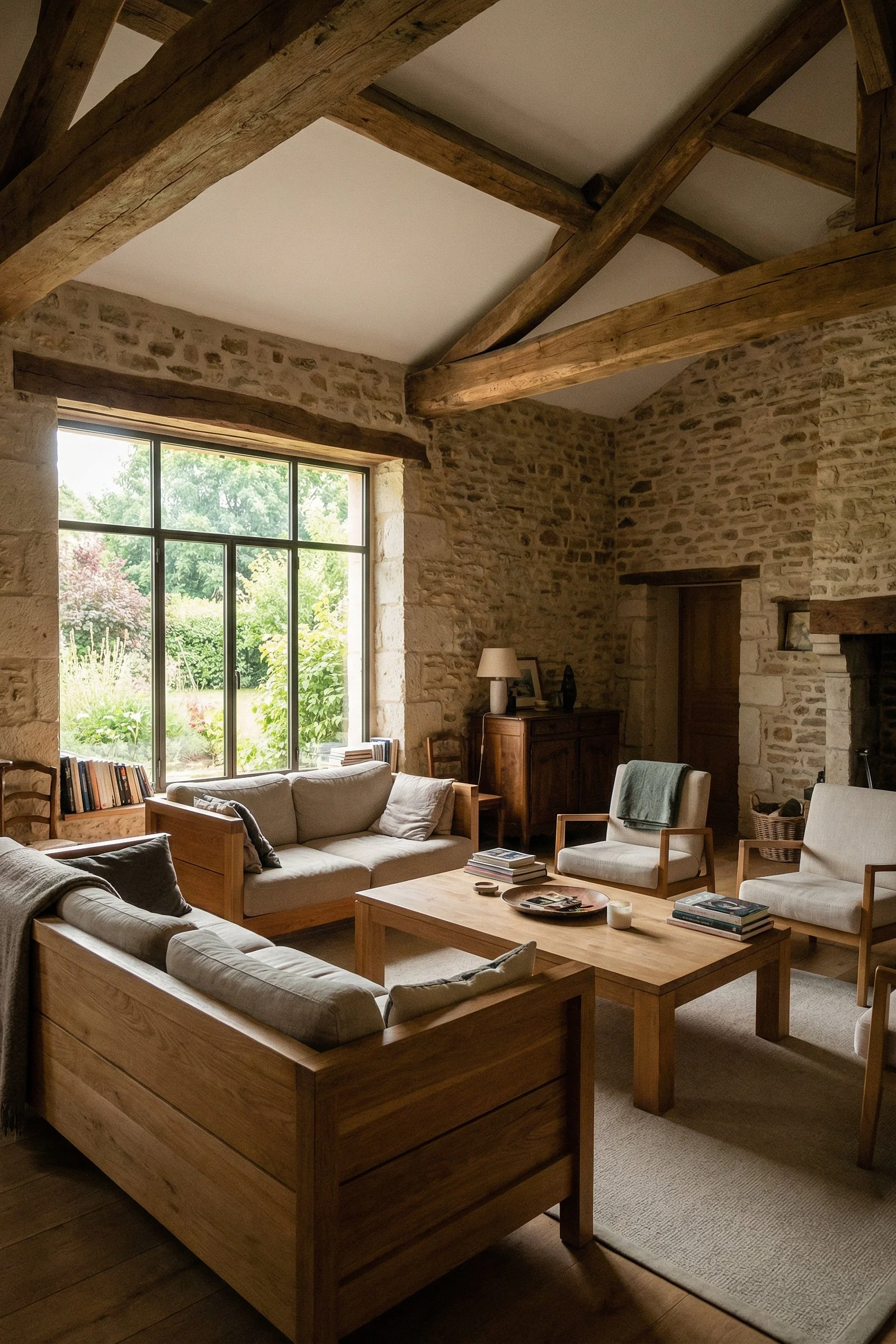 Salon de style rustique avec murs en pierre et poutres en bois apparentes, grande fenêtre laissant entrer la lumière naturelle, comprenant canapés et fauteuils en bois et tissu, table basse en bois, et décoration chaleureuse.
