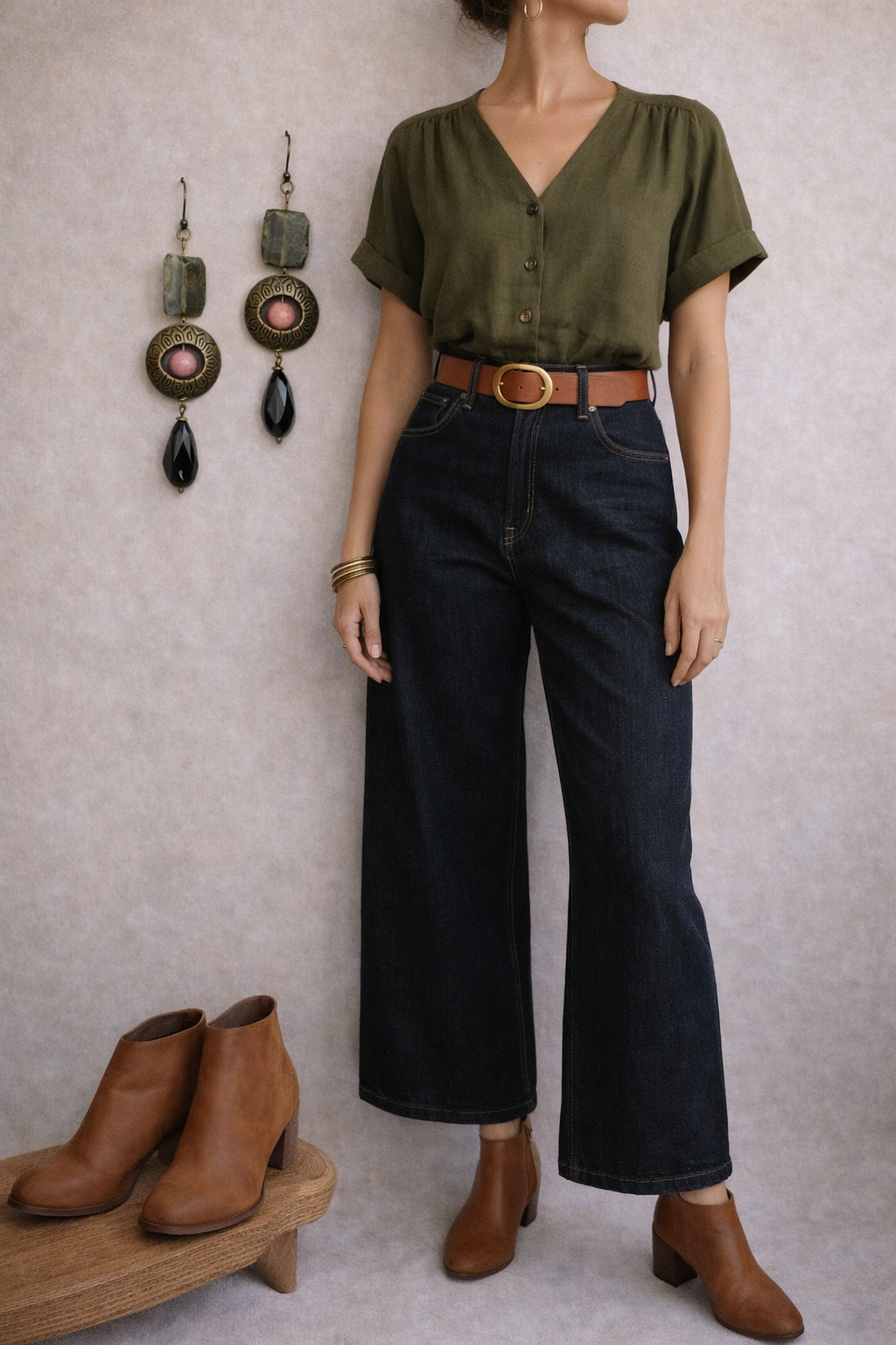 Vintage Brass Statement Earrings with Natural Stone and Black Teardrop Accent