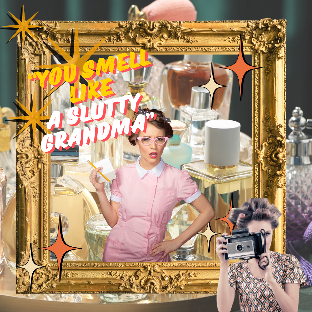 Retro diner waitress and vintage perfume bottles