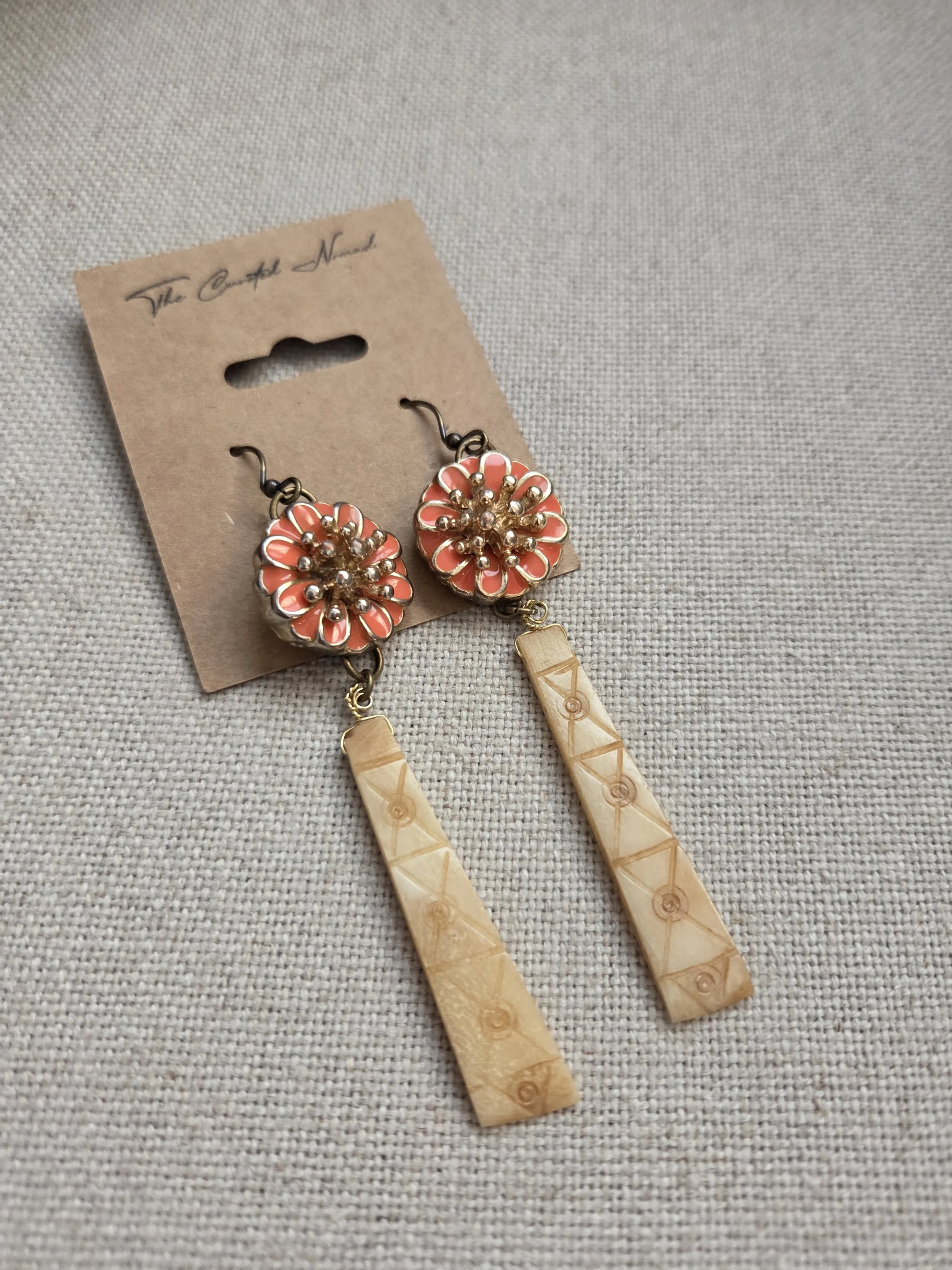Vintage Pink Daisy Statement Earrings with Etched Bone Detail
