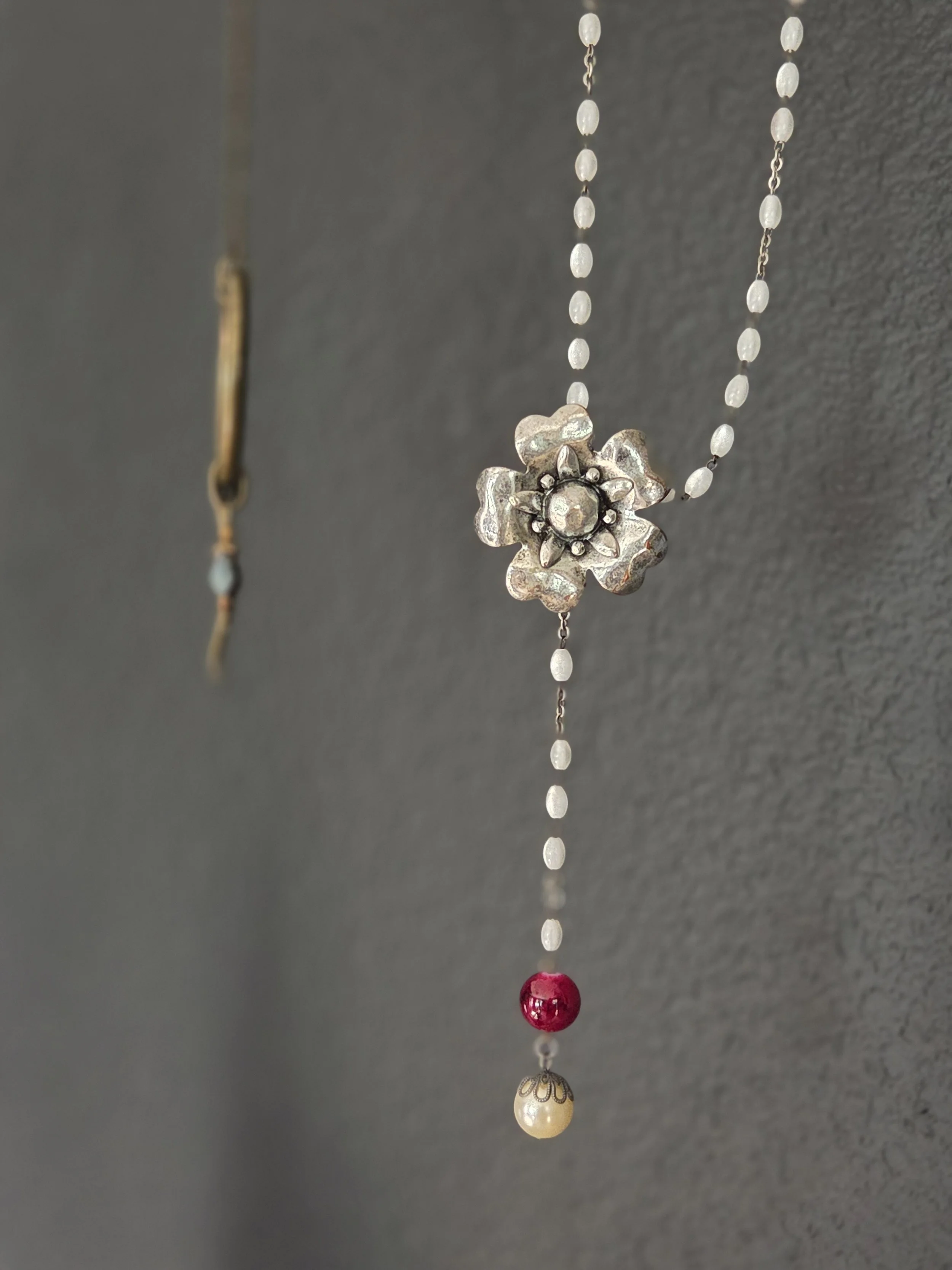Vintage Rosary Necklace with Patina Floral Brooch and Glass Beads