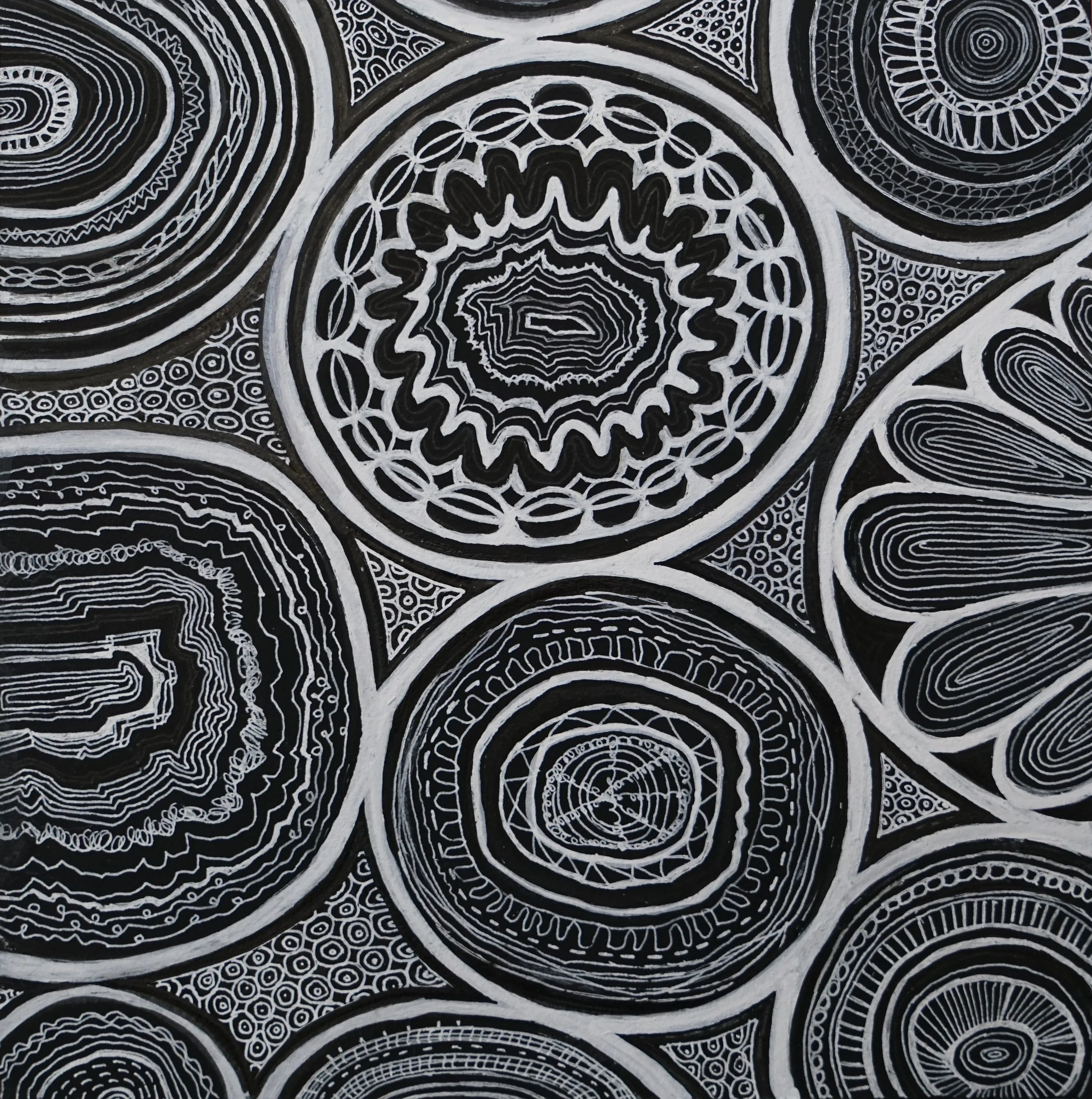 2 Whole Concentric Circles and 8 Parts (Ink drawing on panel)
12 x 12 in