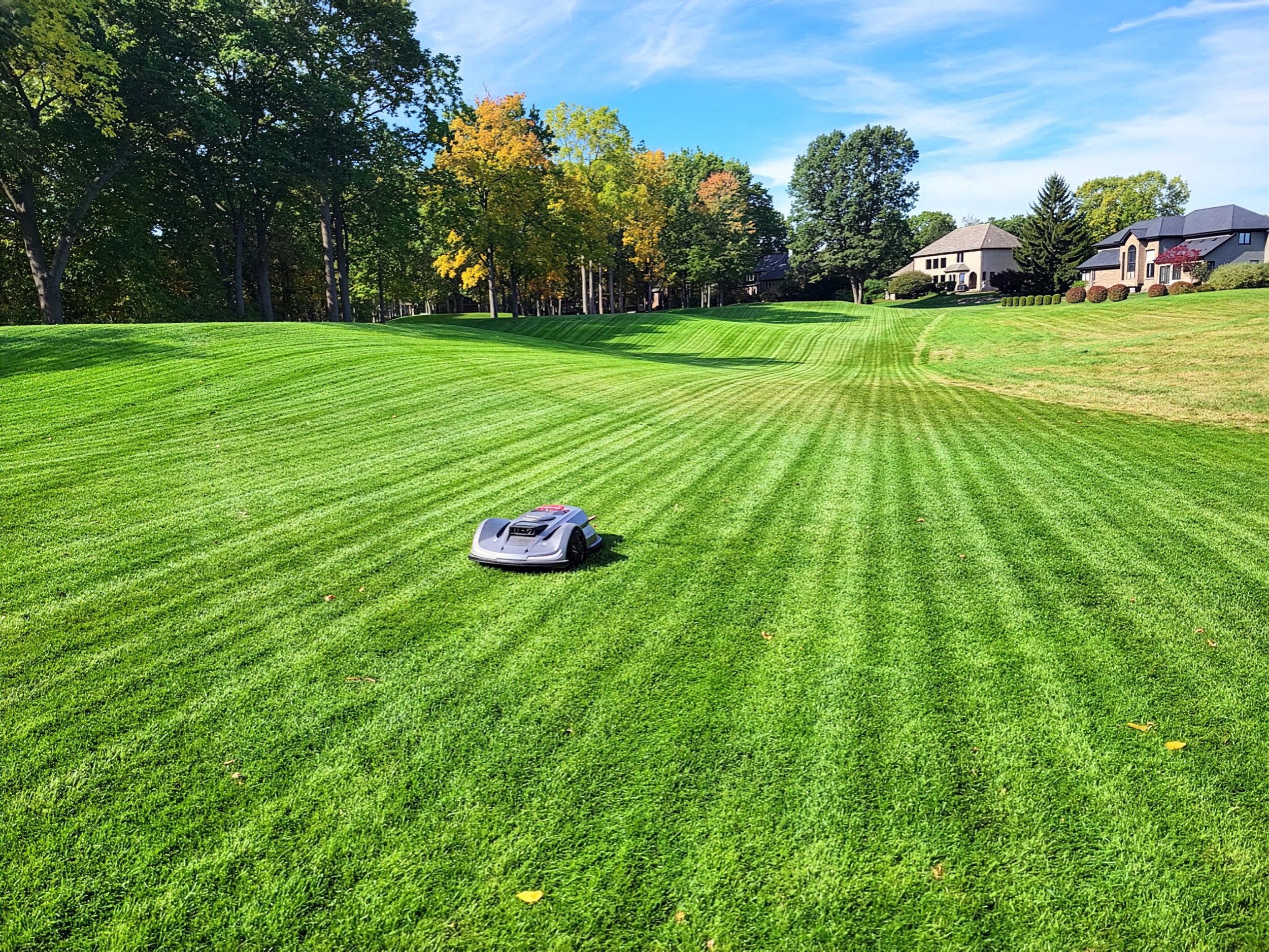 A robotic lawn mower on a well-manicured green lawn with houses and trees in the background.