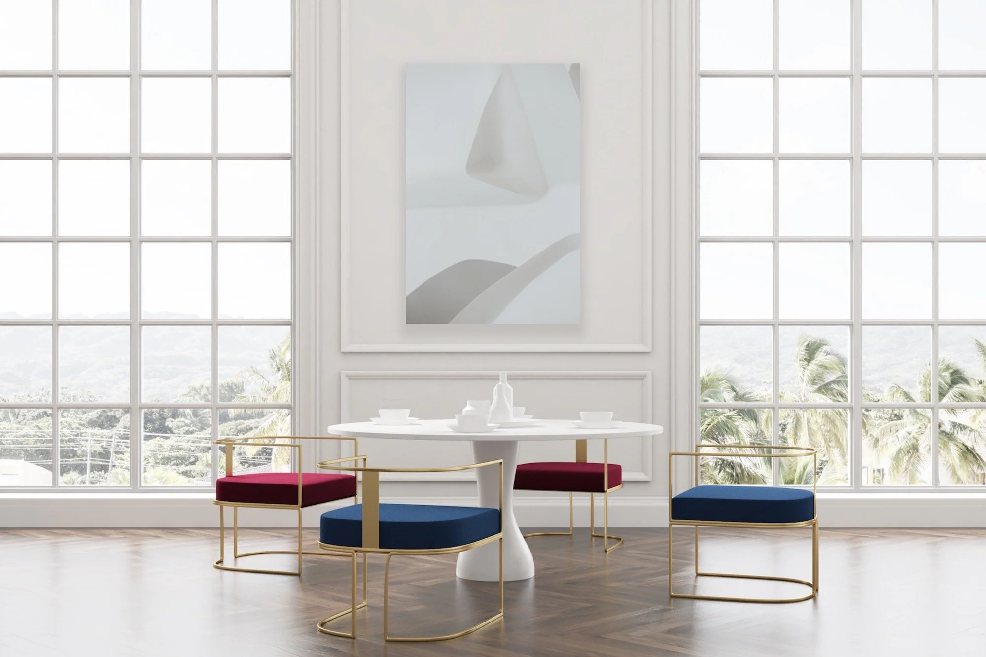 Large abstract art photo displayed above a fireplace in a large contemporary room.