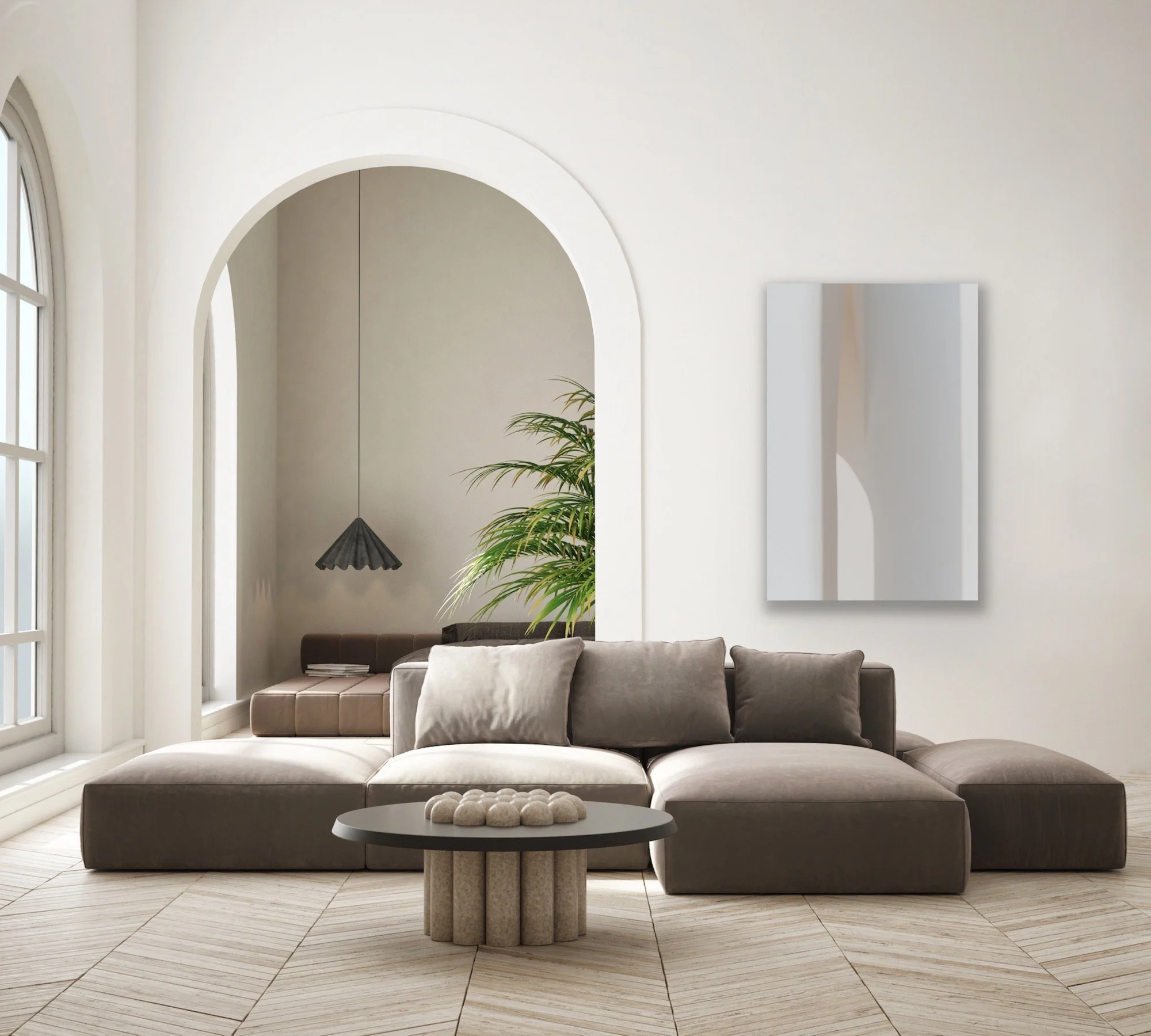 Large abstract art photo displayed on a big wall in a contemporary stylish room..