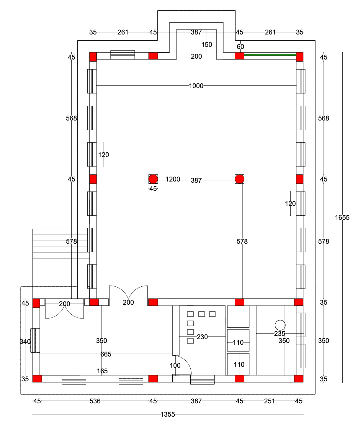 Architectural floor plan of a building with measurements, walls, doors, and red highlighted sections indicating specific features or structural elements.