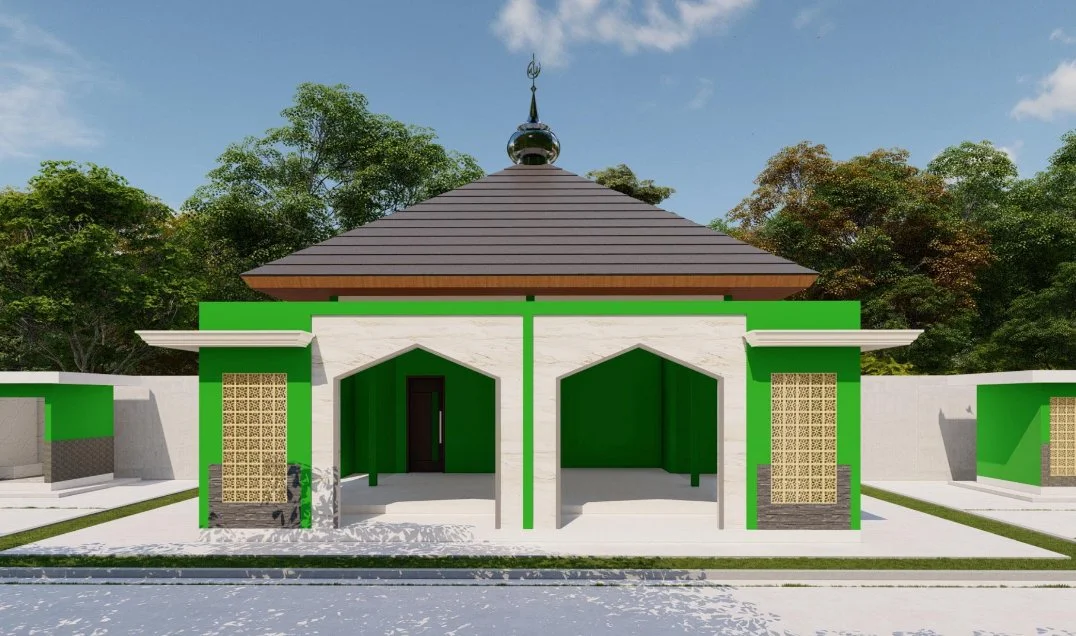 A building with a traditional roof and modern green and white walls, surrounded by trees and a white wall, under a partly cloudy sky.