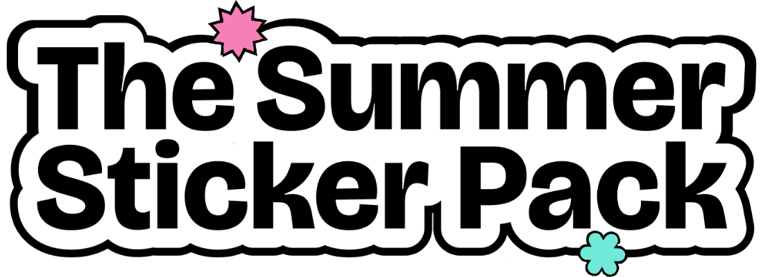 The text reads 'The Summer Sticker Pack' with pink and teal decorative shapes on a black background.