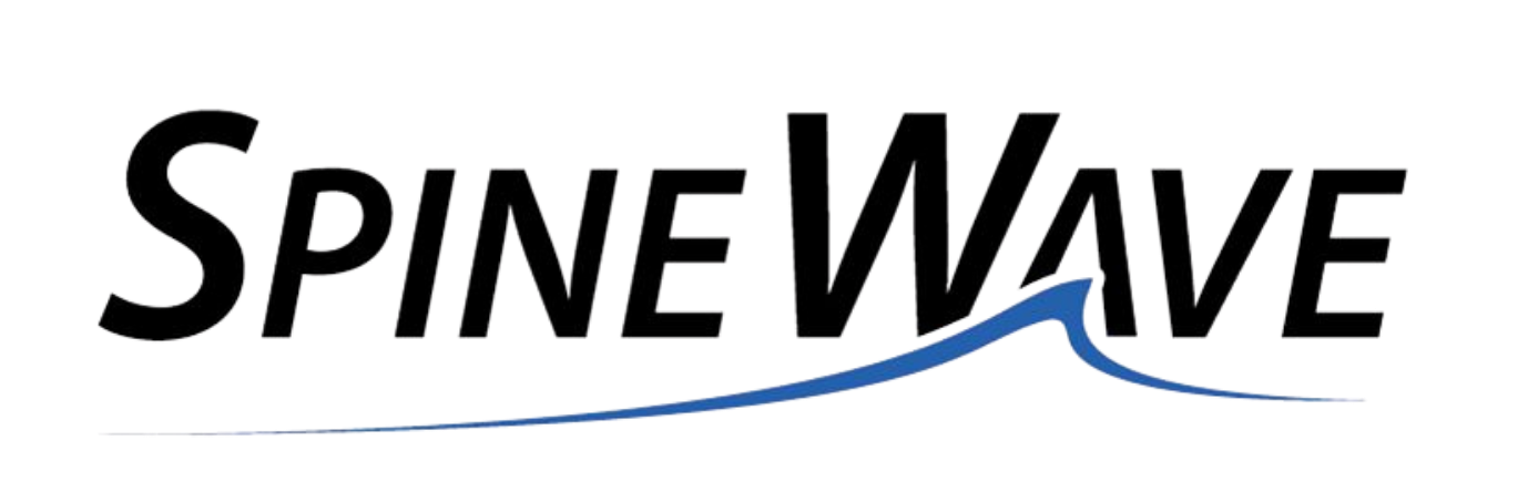 Logo of Spine Wave with the text 'Spine Wave' and a blue wave graphic beneath the text.