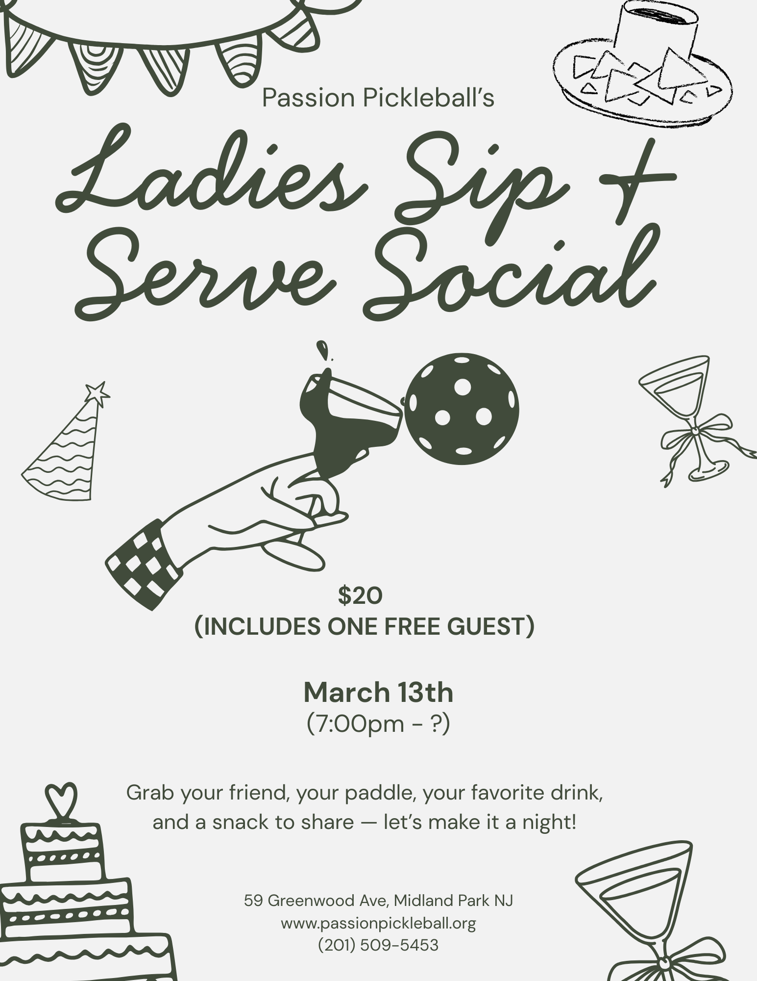Ladies Sip & Serve Social

This ladies-only event is designed for fun, connection, and relaxed play in a welcoming, low-pressure environment. Enjoy friendly games, rotating matchups, and plenty of laughs as you dink, rally, and compete side by side.
