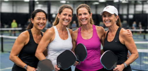 Four adult beginner pickleball players at Passion Pickleball indoor courts.