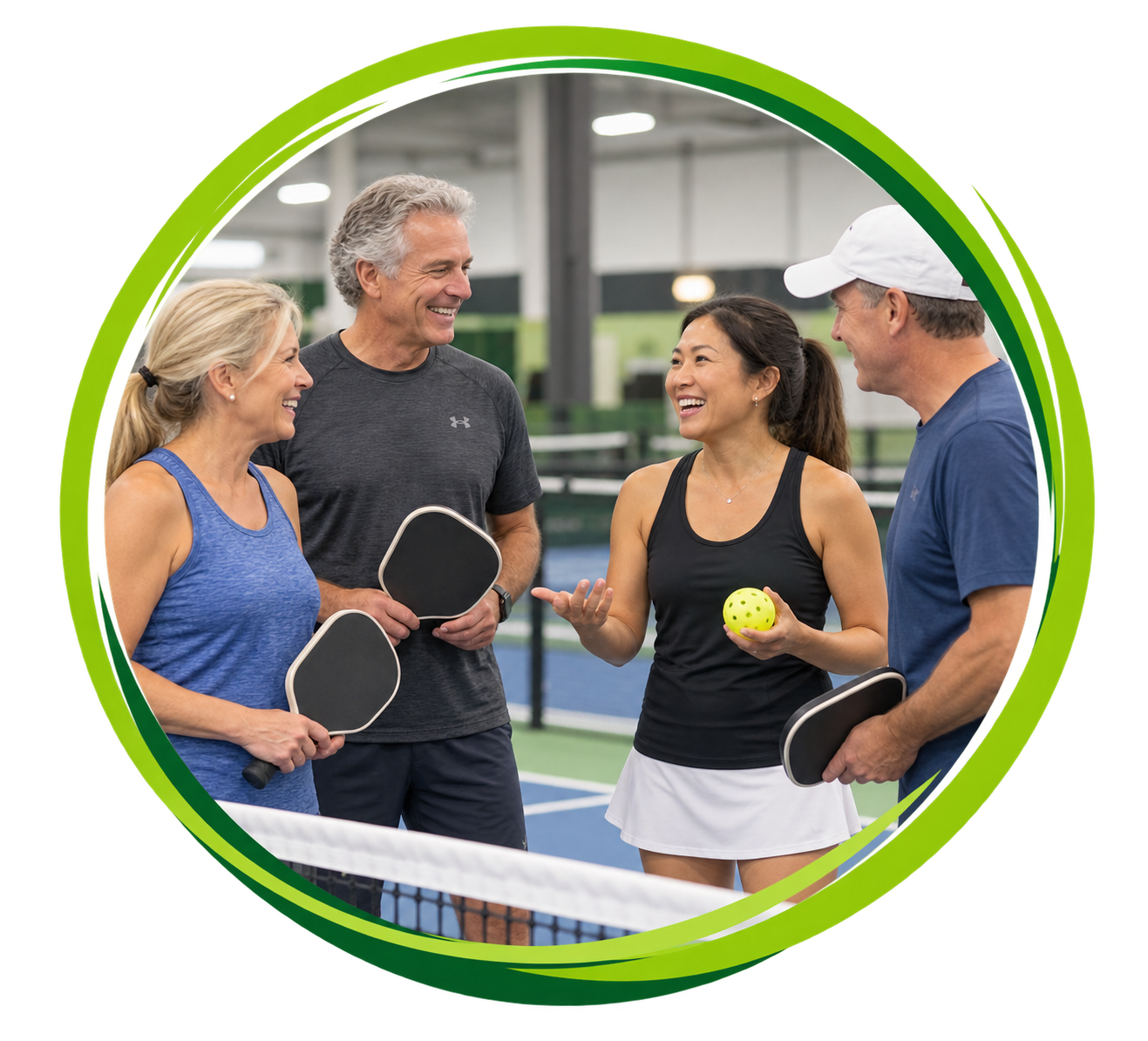Beginner pickleball players getting help choosing the right skill level and program.