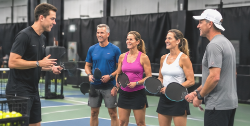 Beginner pickleball clinic with an instructor and adult players at Passion Pickleball in Midland Park, NJ.