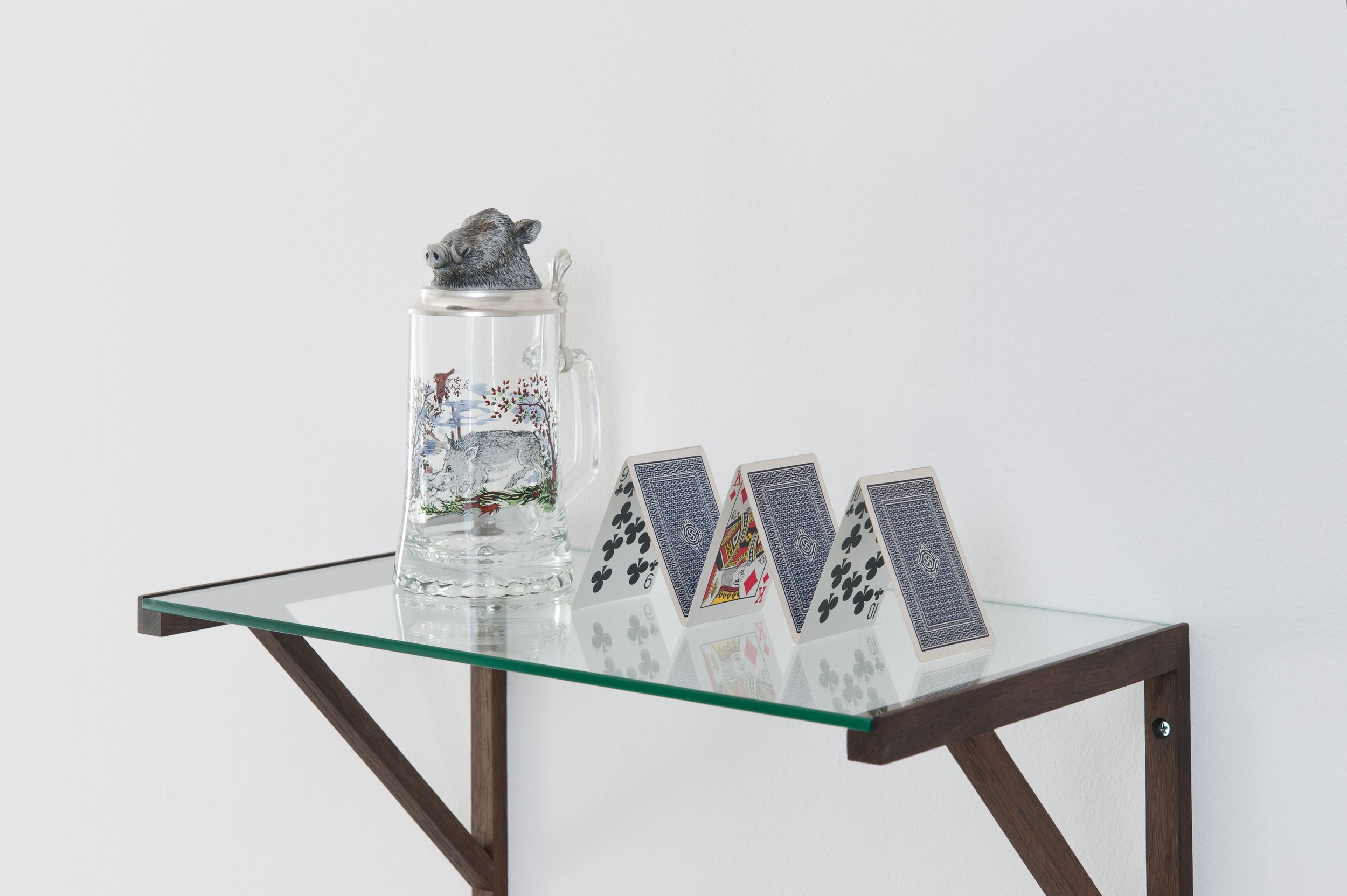 Same same but different, 2013. Third reich playing cards, playing cards, beer glass.