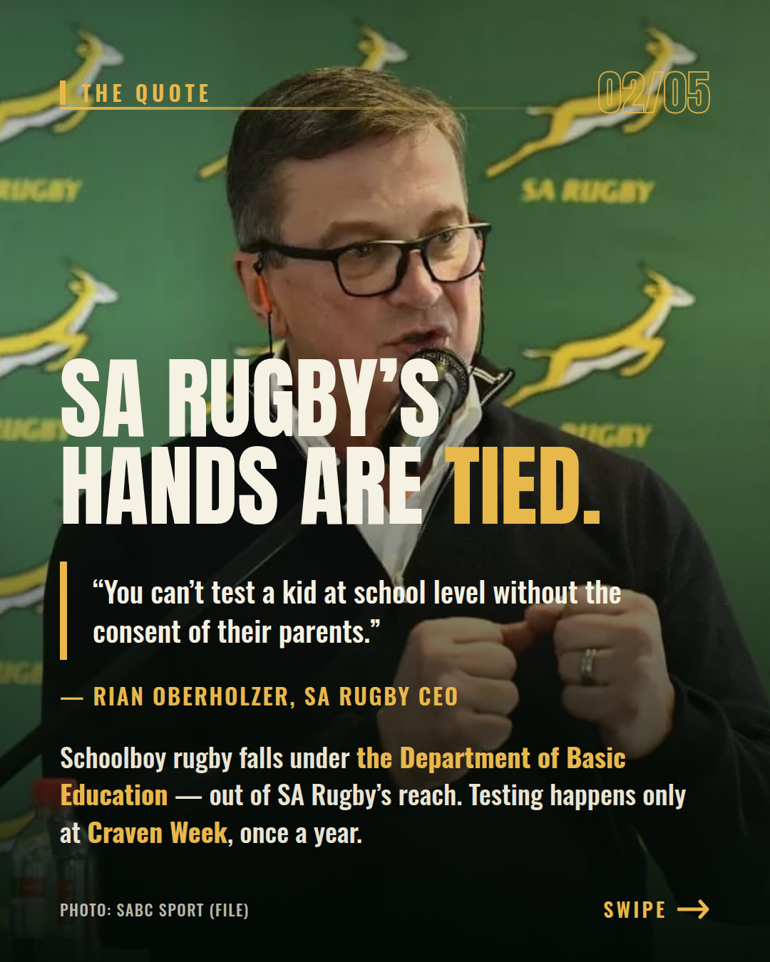 SA Rugby Boss Says Schoolboy Players Cannot Be Tested Without Parental Consent