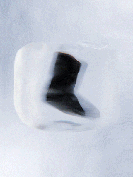 Balenciaga Ski Collection 2025 by Emil Dietrich GIF of an ice cube with an Alaska Boot & Ski Glasses