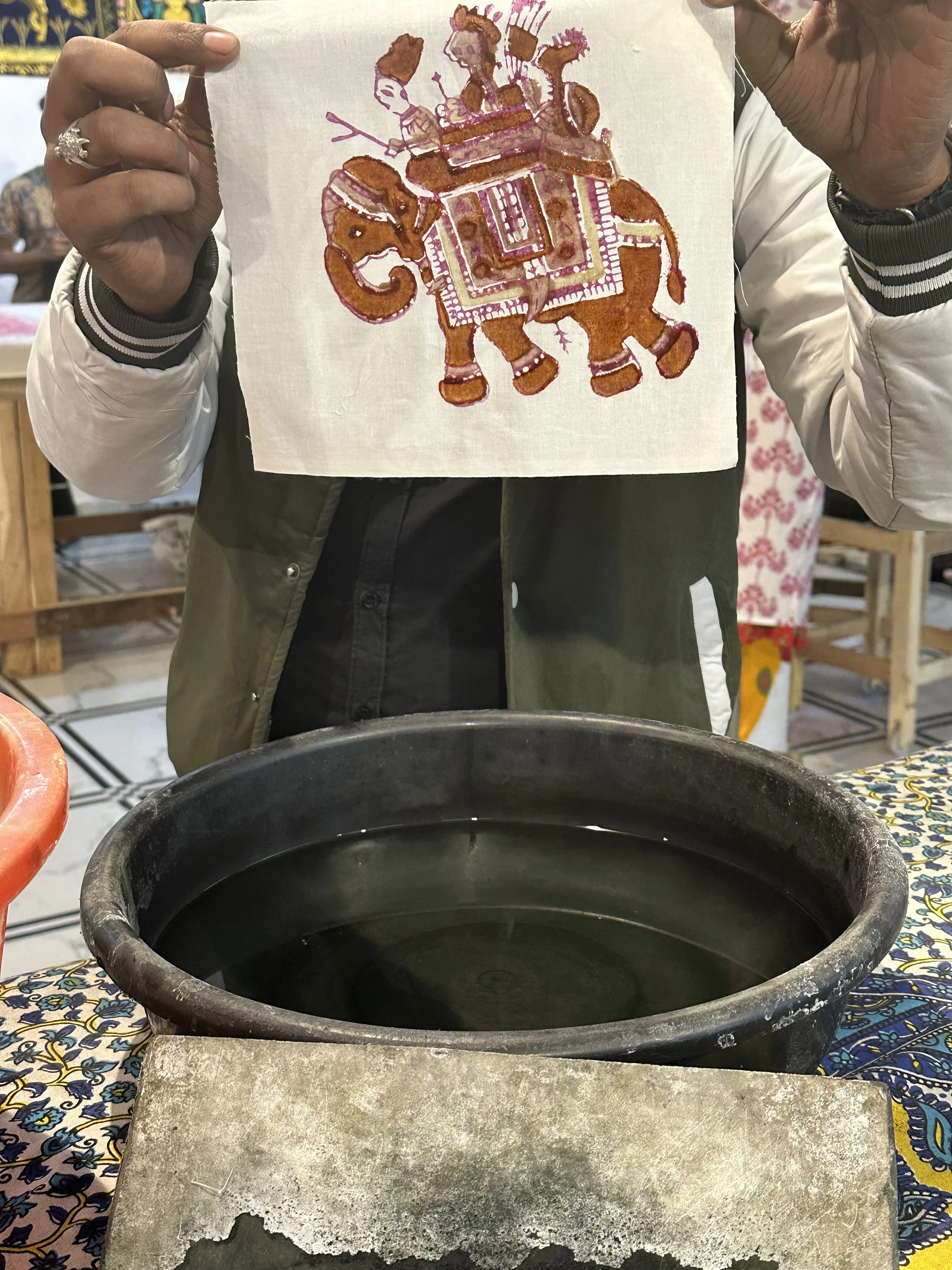 Person holding a piece of embroidered fabric with a decorated elephant design above a pot of water.  Meala Soul India retreat jaipur yoga retreat