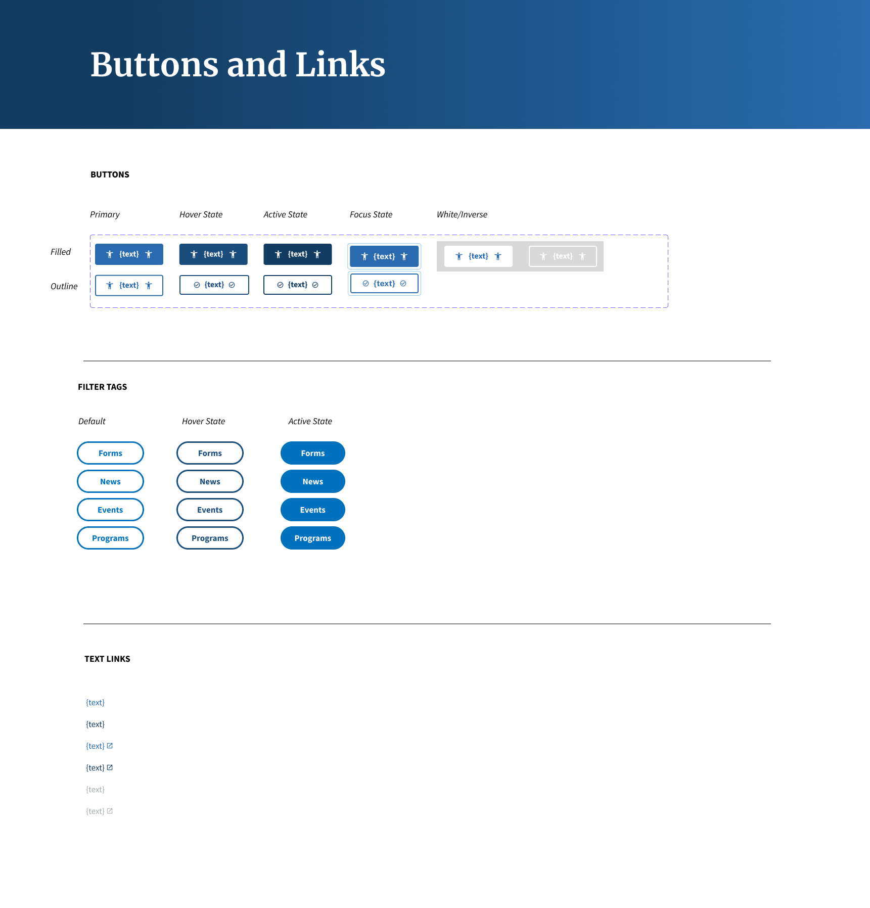 A webpage showing design elements for buttons and links, including button styles in different states and filter tags with default, hover, and active states.