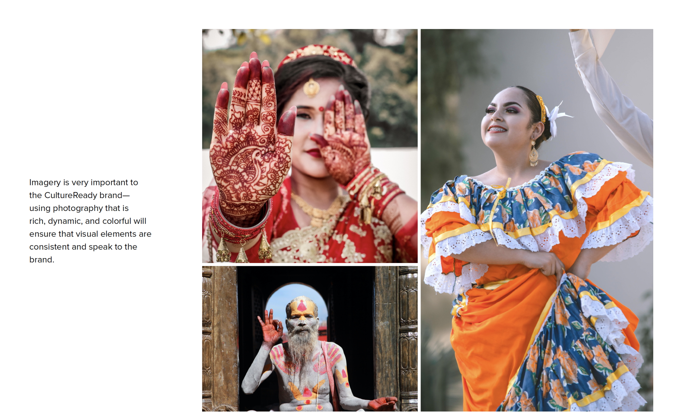 Collage of three images featuring people in traditional Indian attire and dance. The top left shows a woman in red with mehndi on her hands, holding her palms up towards the camera. The top right displays a woman in a colorful dress dancing and smili