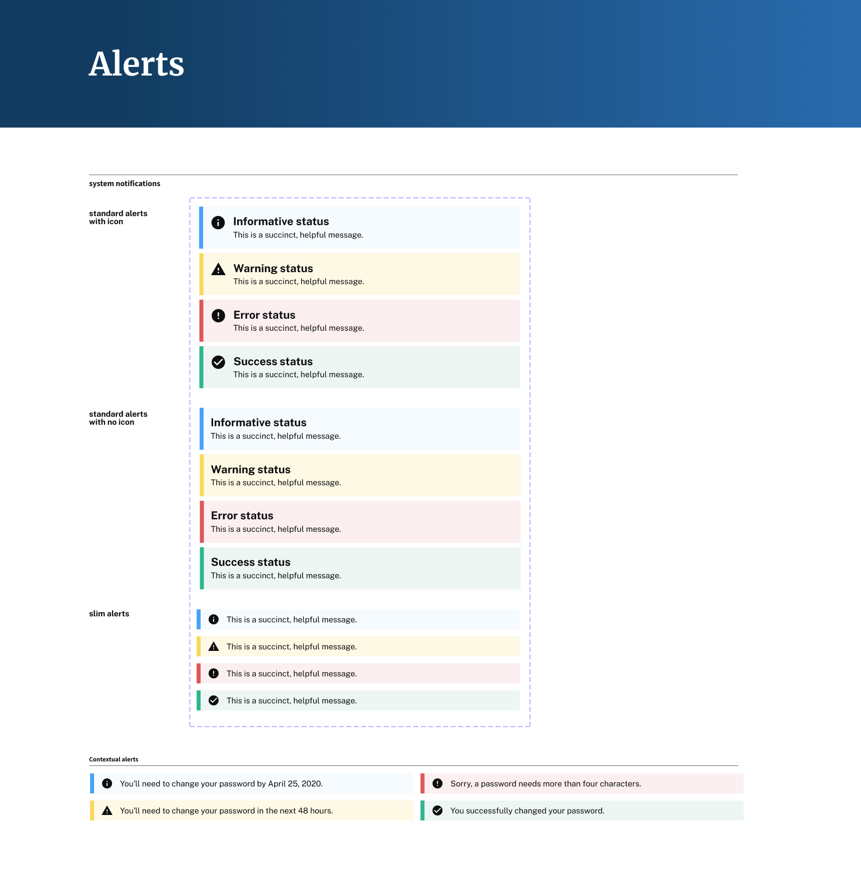 Guide showing different alert styles including informational, warning, error, and success messages, with variations using icons, no icons, and slim alerts, as well as examples of contextual alerts for password change policies.