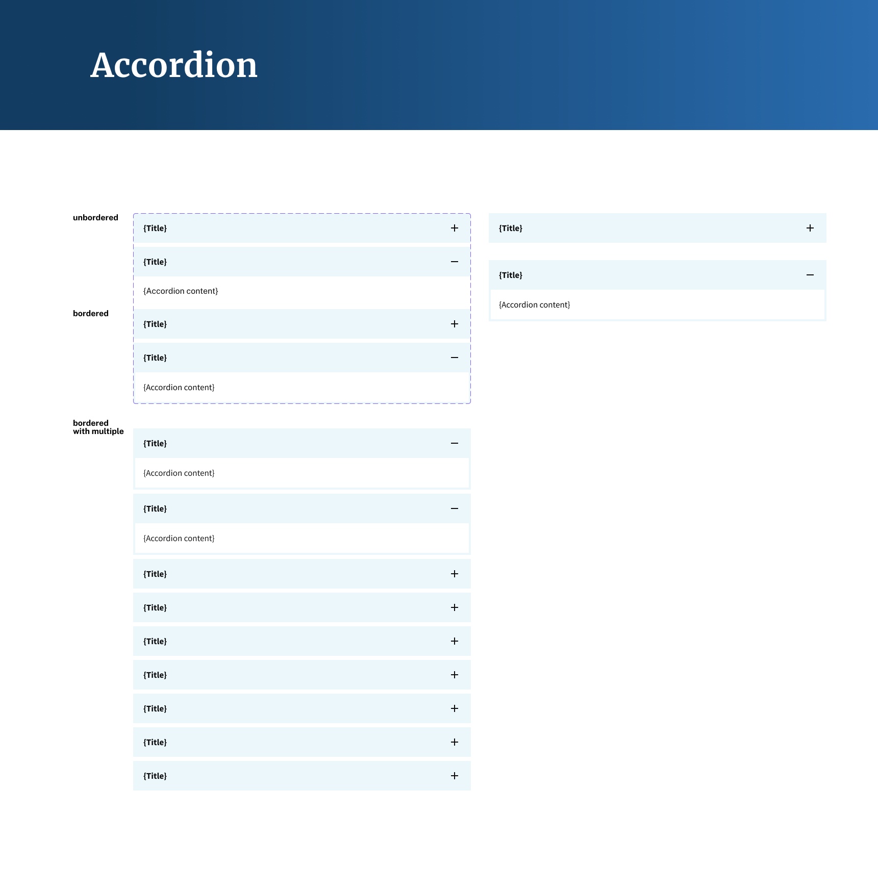 A template for organizing accordion content with sections for unbordered, bordered, and multiple bordered items, each with placeholders for titles and content.