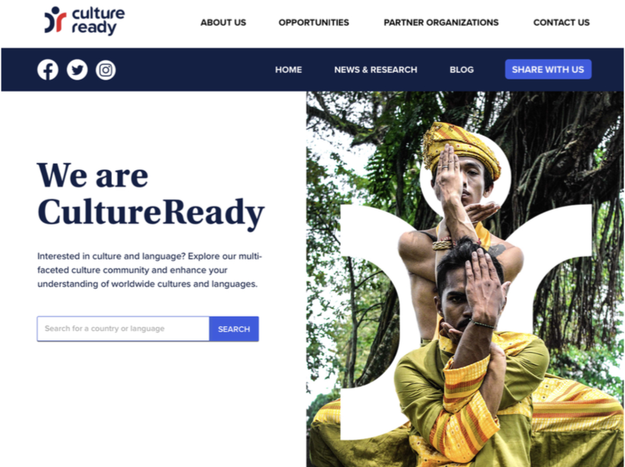 Website homepage for CultureReady featuring a large photo of two men performing a traditional dance or ritual with one man wearing a yellow turban and both men with hands in a gesture on their faces. The website has a navigation bar with sections abo