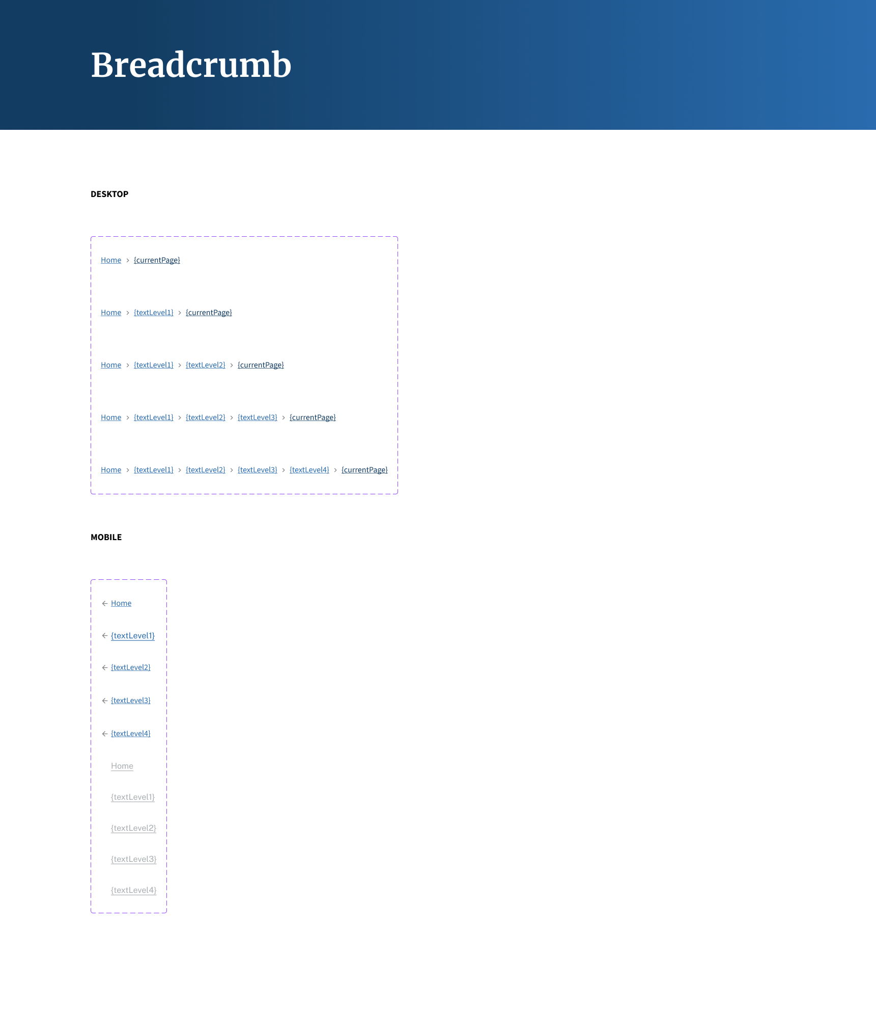 A webpage layout with a blue header labeled 'Breadcrumb' and two sections labeled 'DESKTOP' and 'MOBILE'. The desktop section contains a breadcrumb navigation structure with nested links, while the mobile section displays a vertically arranged breadc