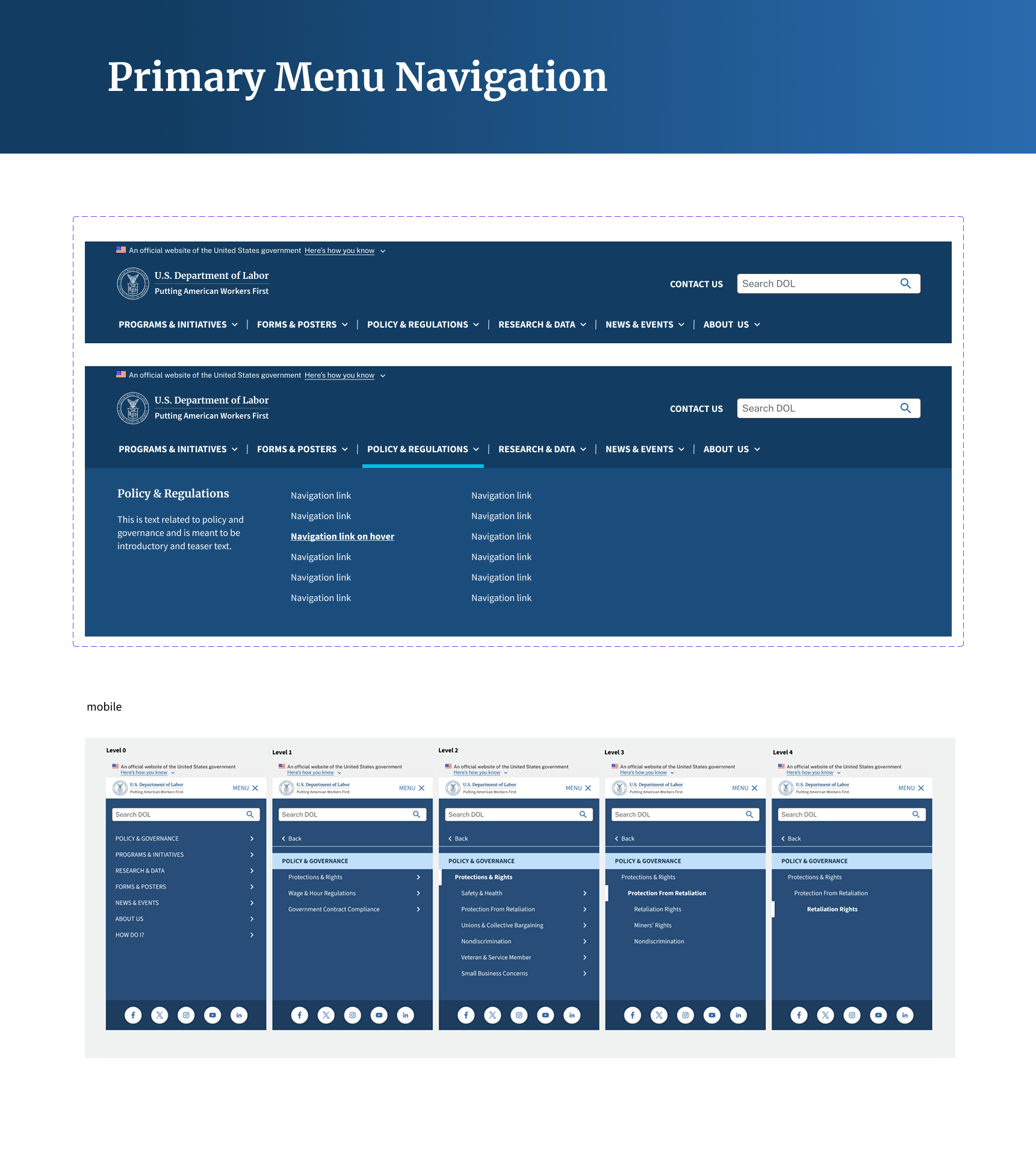 Screenshot of the U.S. Department of Labor's policy and regulations webpage, showing navigation menus, links, and mobile view of the site.