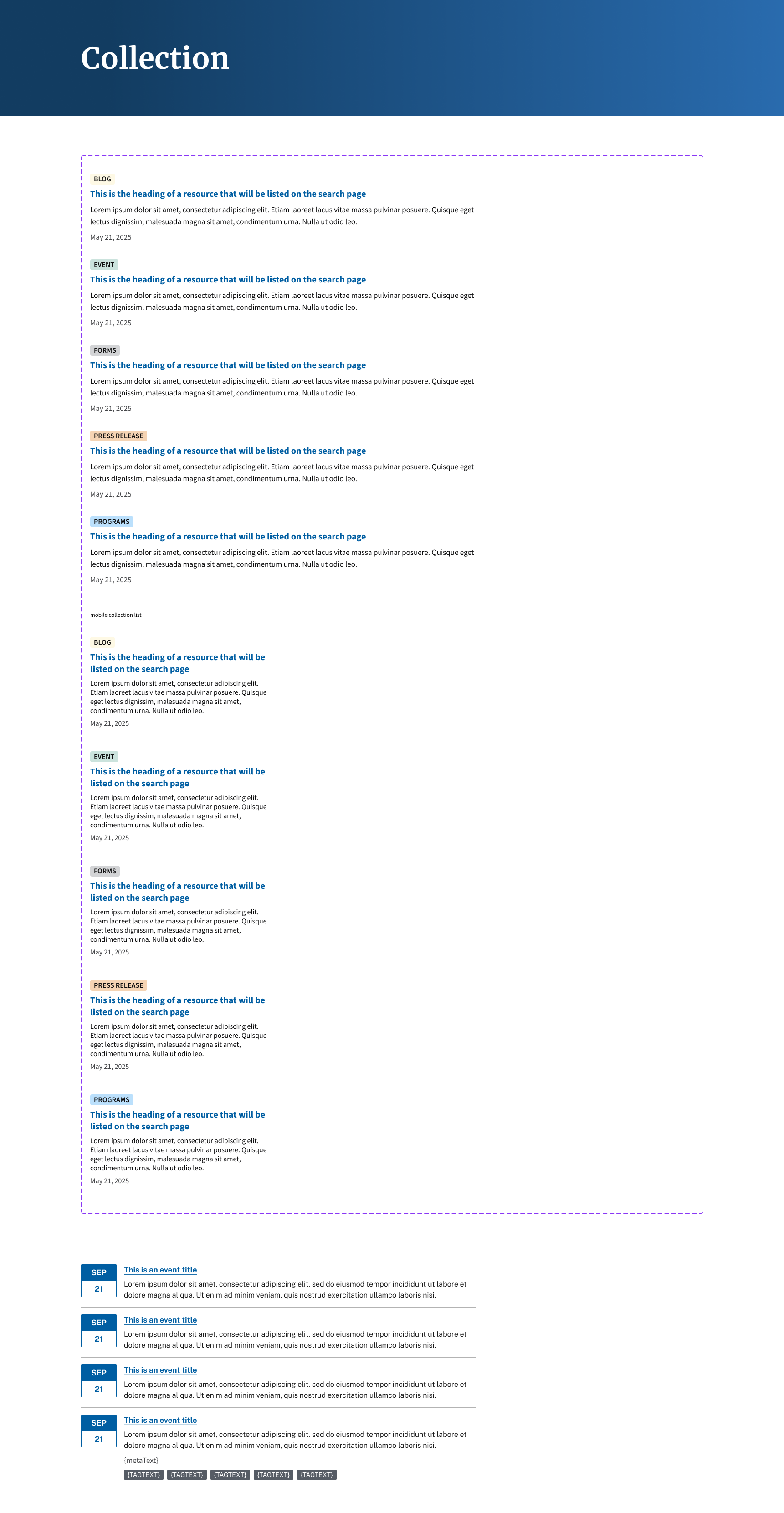 Screenshot of a webpage titled 'Collection' displaying multiple blog, event, forms, press release, and program sections, each with headings, dates, and placeholder text.