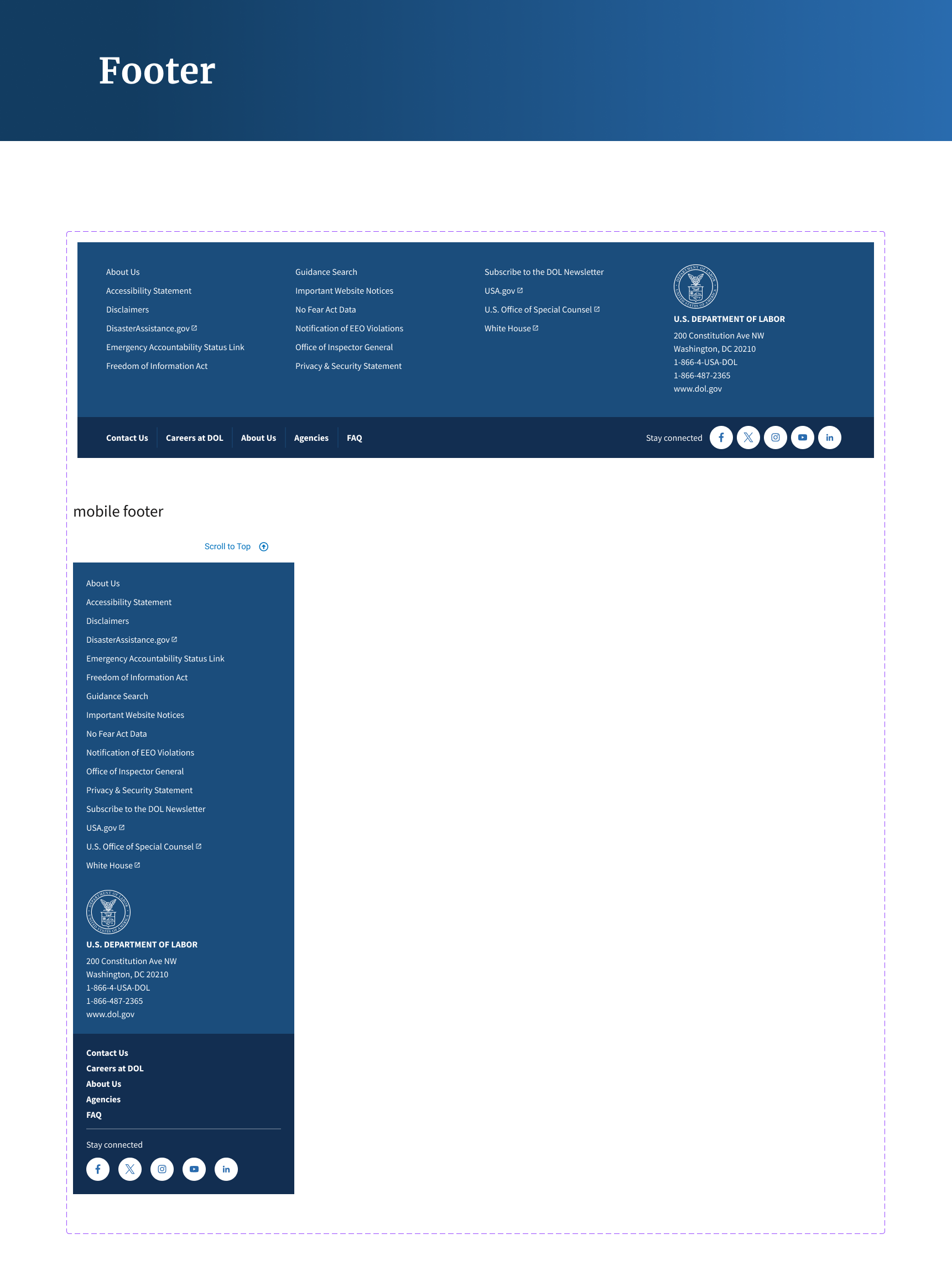 Screenshot of the U.S. Department of Labor website showing the footer section with contact information, social media icons, and links in both desktop and mobile views.