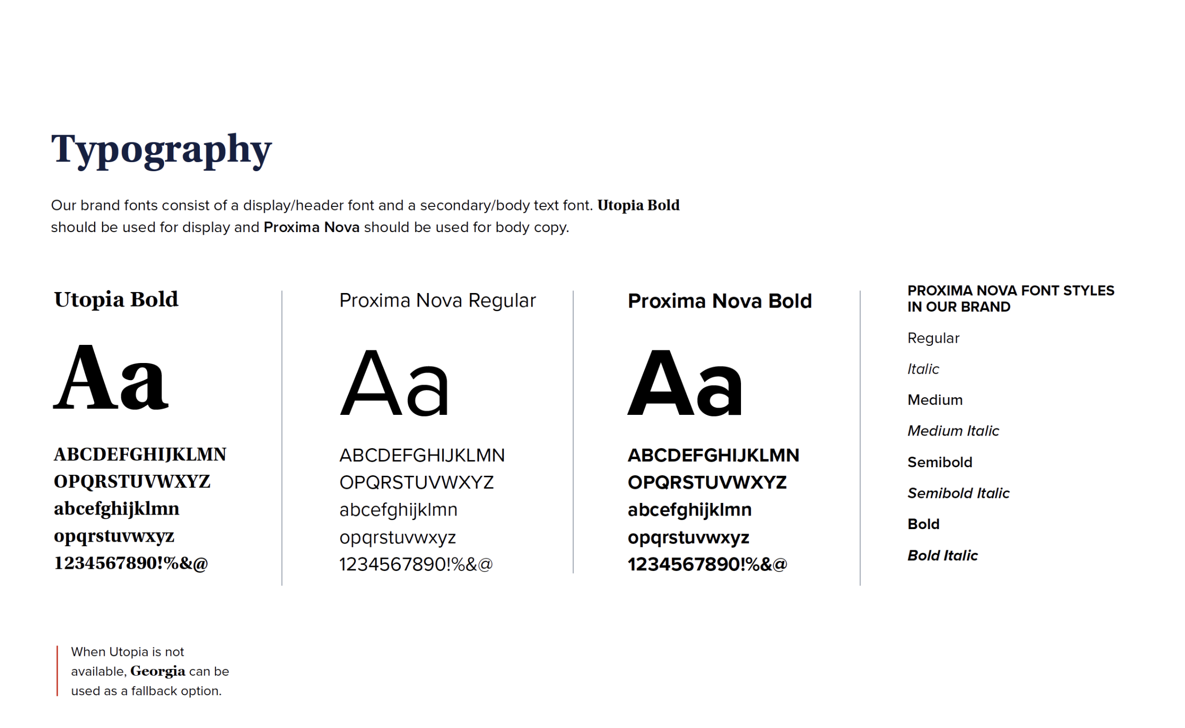 A typography style guide page showing font examples and styles for Utopia Bold, Proxima Nova Regular, and Proxima Nova Bold fonts, with additional font style categories listed on the right.
