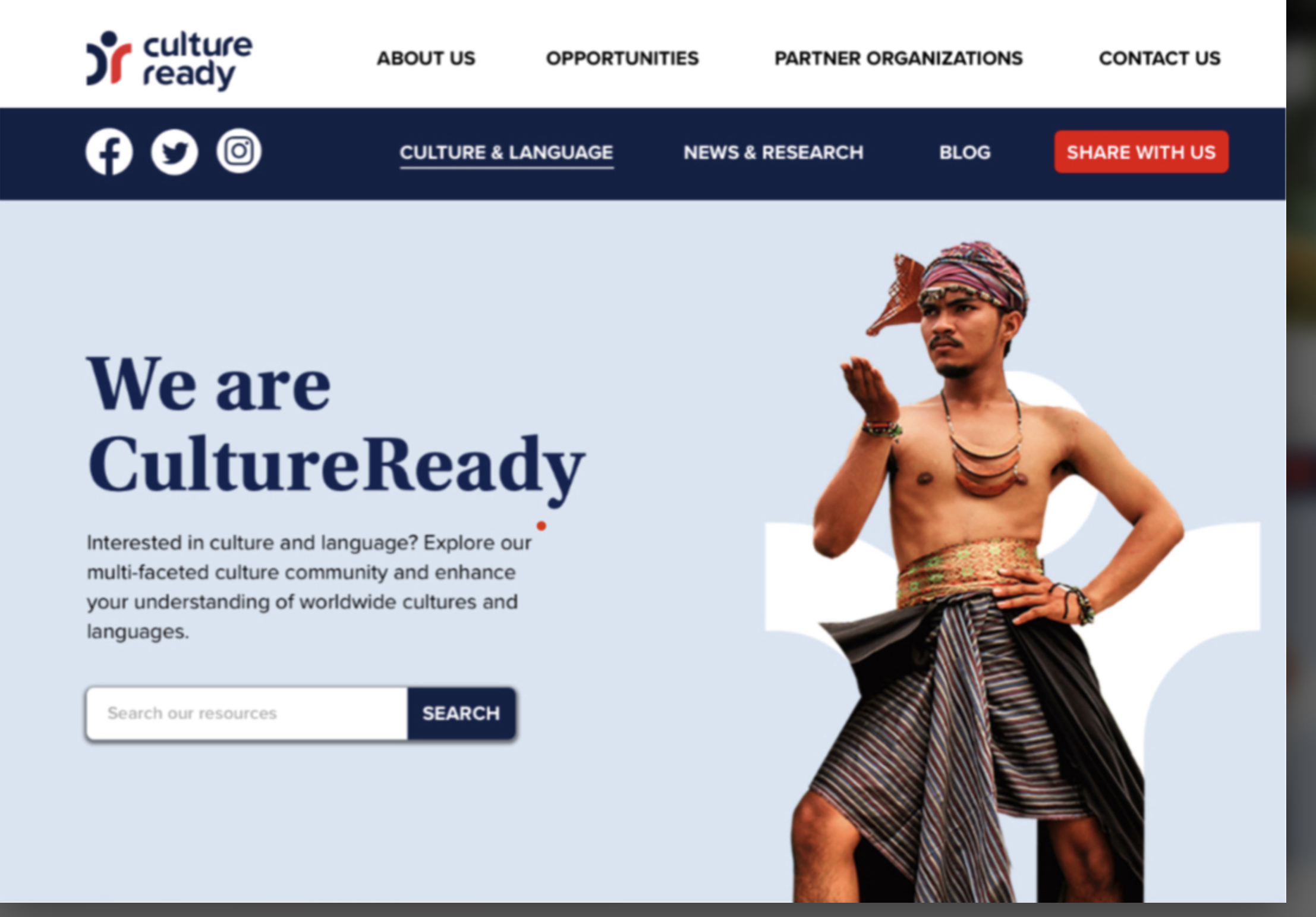 A website homepage for CultureReady, featuring a man in traditional Indonesian attire with a headdress and sarong, standing in a pose.
