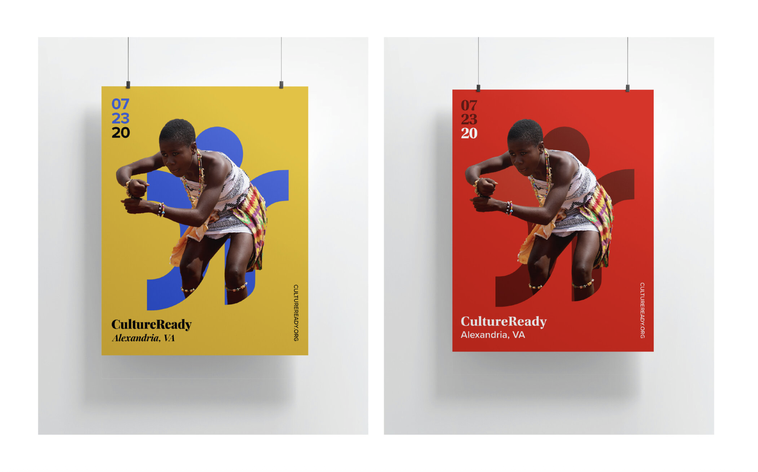 Two posters featuring a person in traditional attire; the left poster has a yellow background with blue and black text, the right poster has a red background with white and black text. The date '07 23 20' is on both posters. The person is crouching w