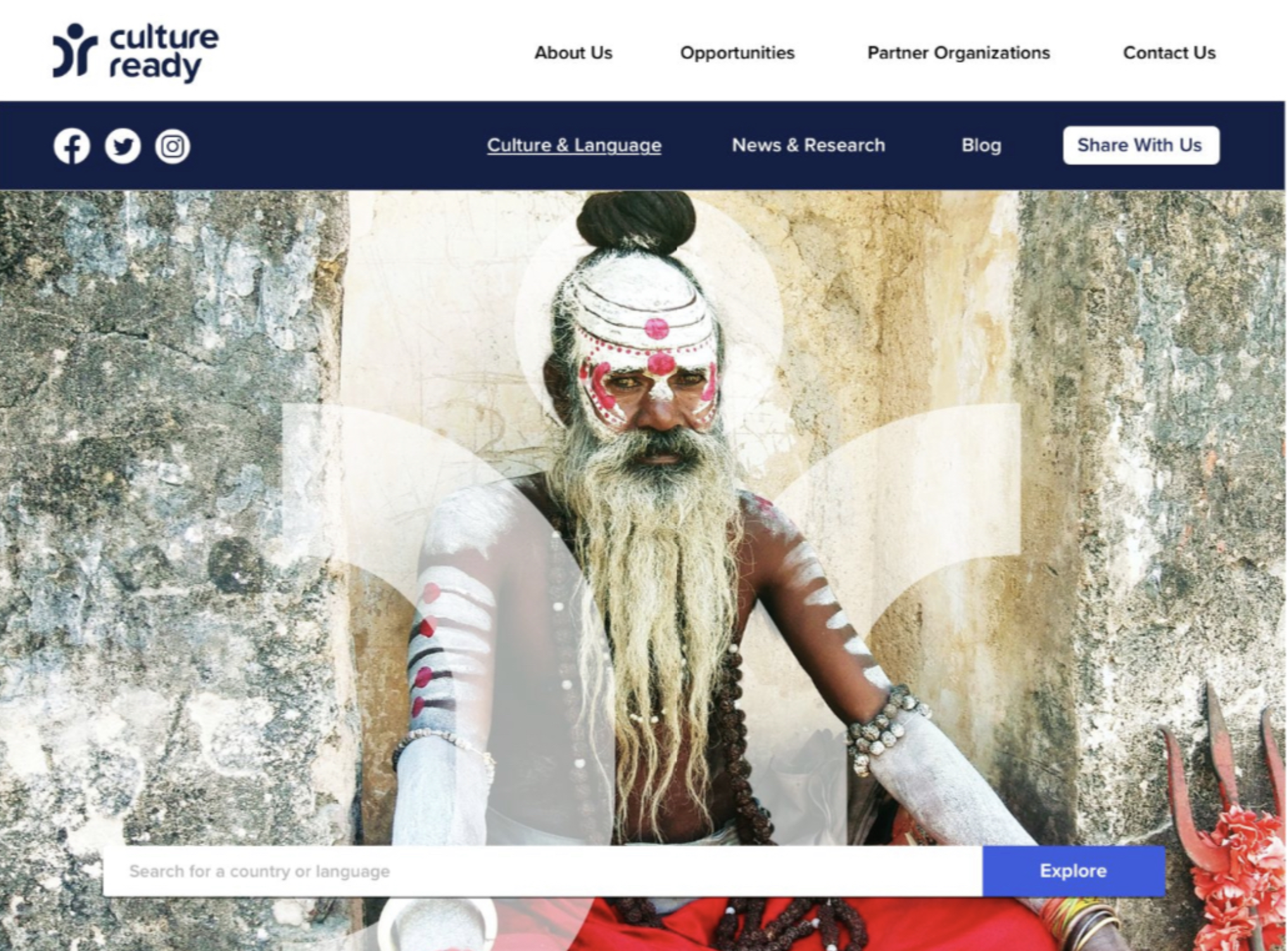 A man dressed as a Hindu deity with face paint, white turban, and traditional jewelry, sitting against an aged stone wall.