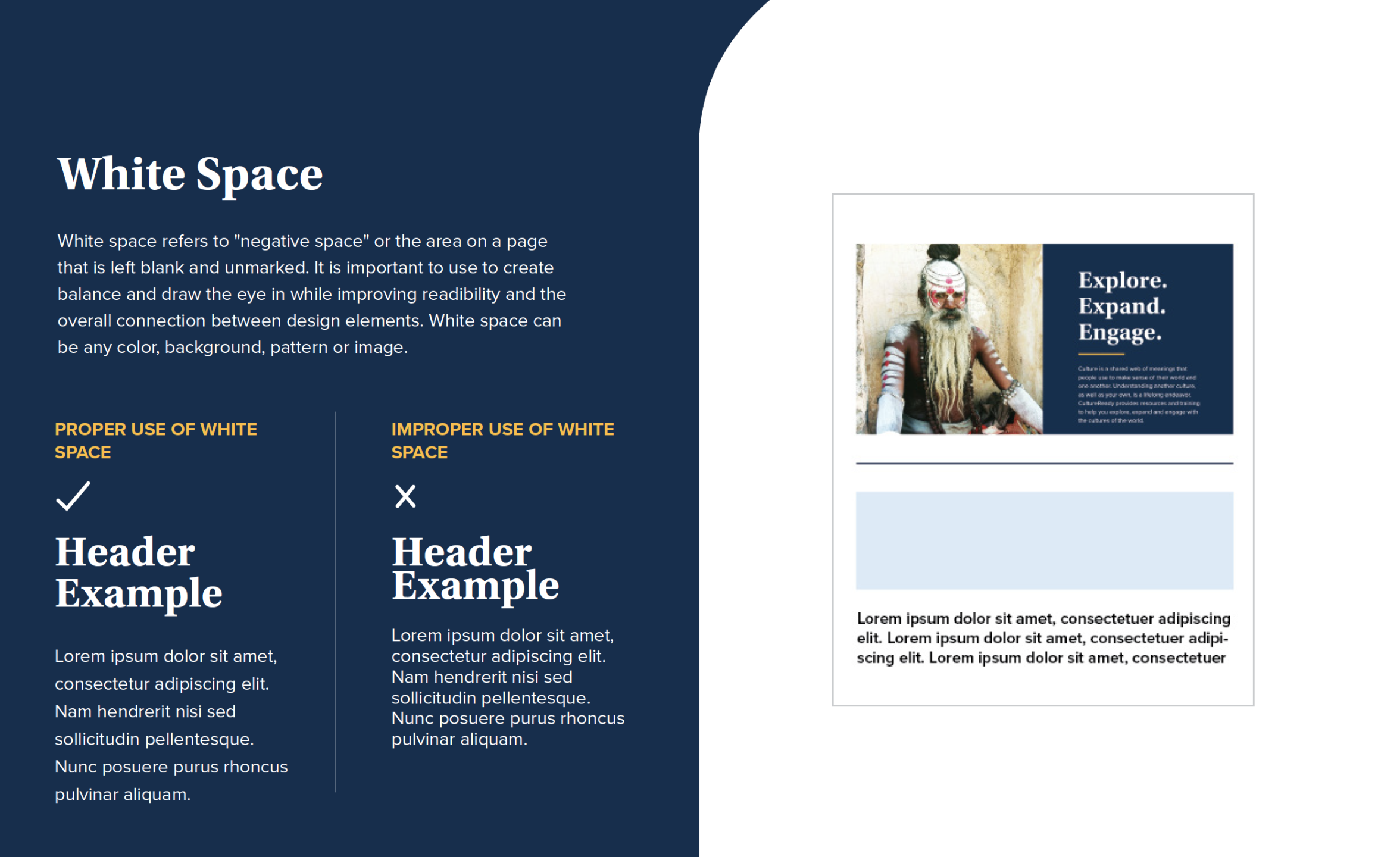 Page layout illustrating the concept of white space, with various sections explaining its proper and improper use, alongside an image of a person dressed in traditional attire with face paint and a turban, and a text box with a lorem ipsum placeholde