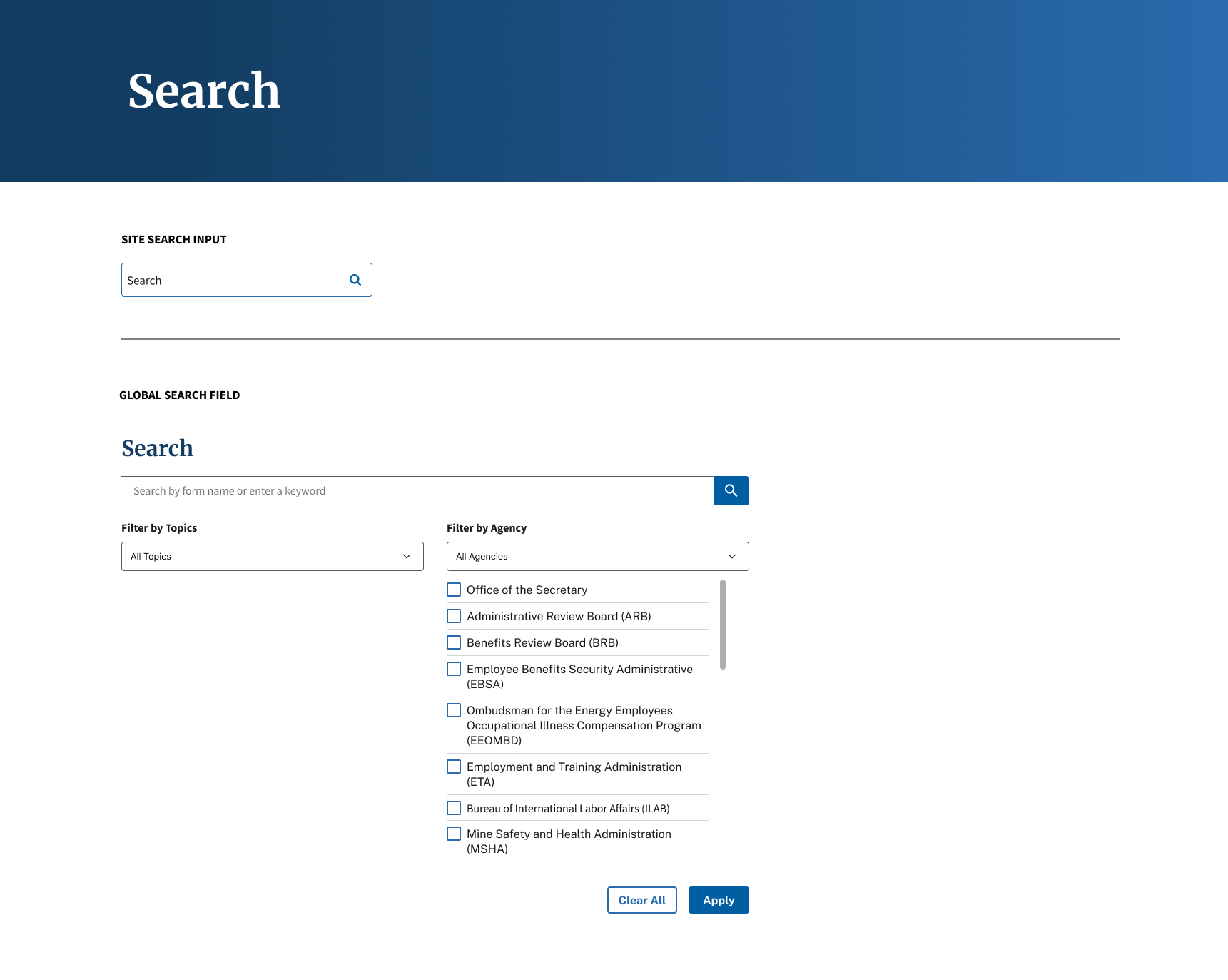 Screenshot of a website search page with a dark blue header labeled 'Search', a site search input box, and a global search field with a larger search box, topic and agency filters, and a list of checkbox options for various government offices and boa