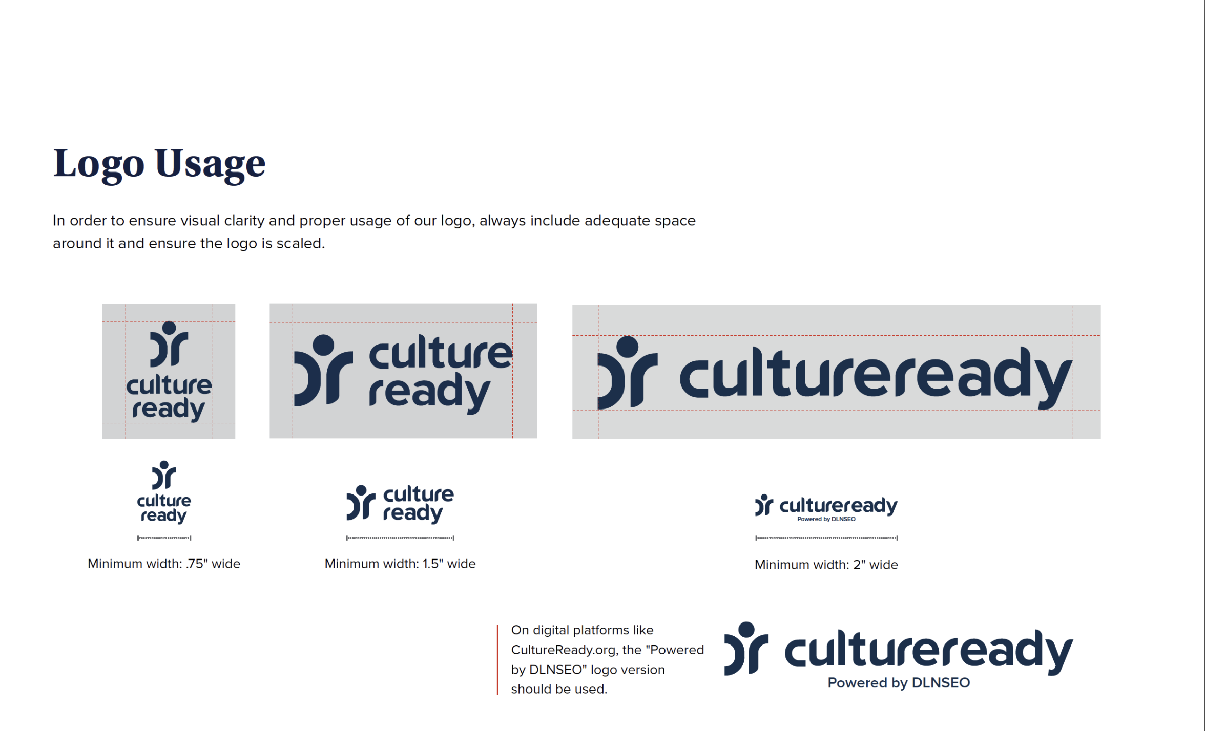 Guidelines for logo usage of 'Culture Ready,' showing different logo sizes and spacing requirements, including the main logo with the text 'Powered by Dlnseo' and instructions for digital platform use.