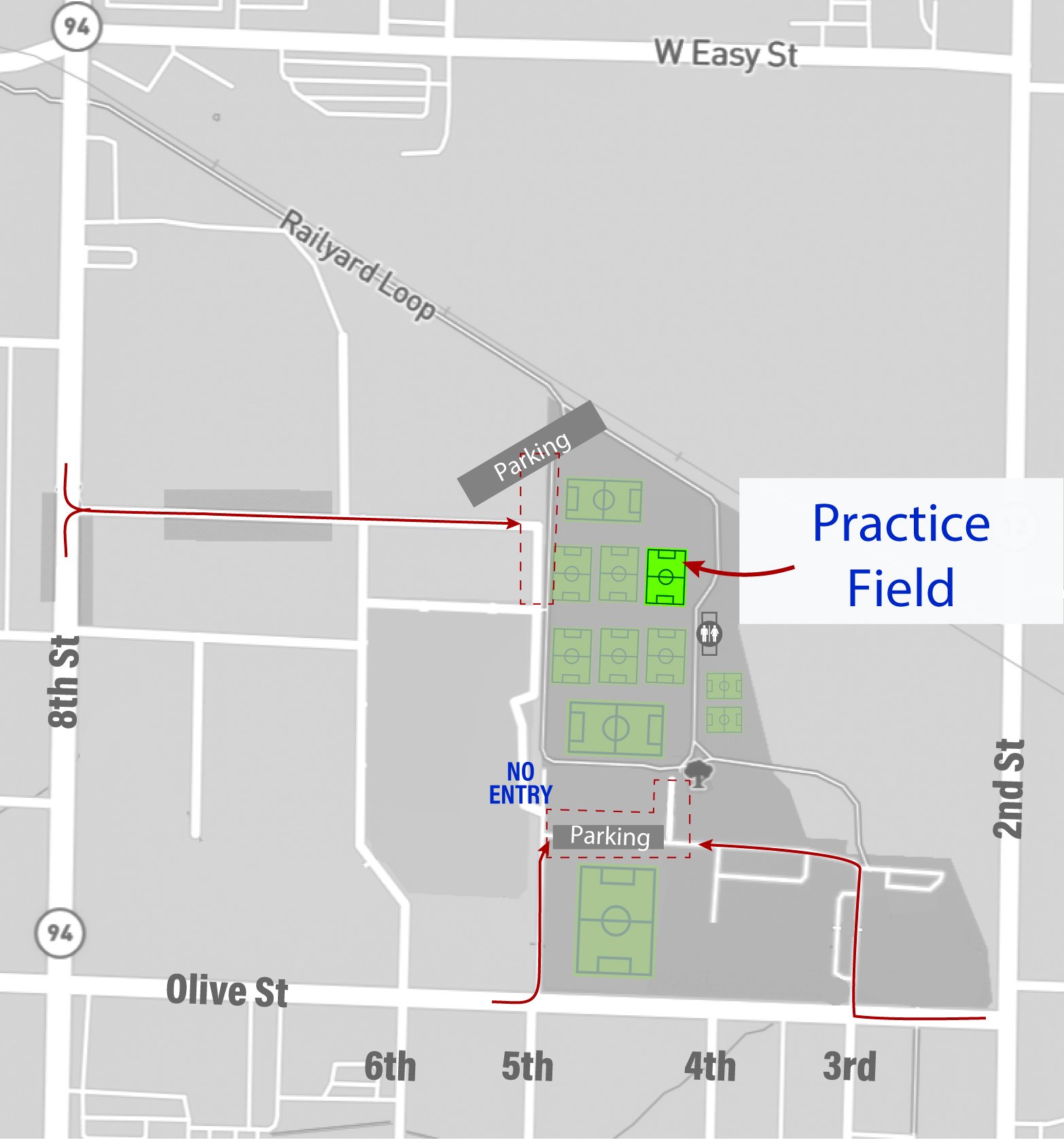 Map showing streets around a sports facility, including Olive St, 2nd St, 8th St, and others. Features labeled as "Practice Field" and "Parking," with directions marked by red lines.