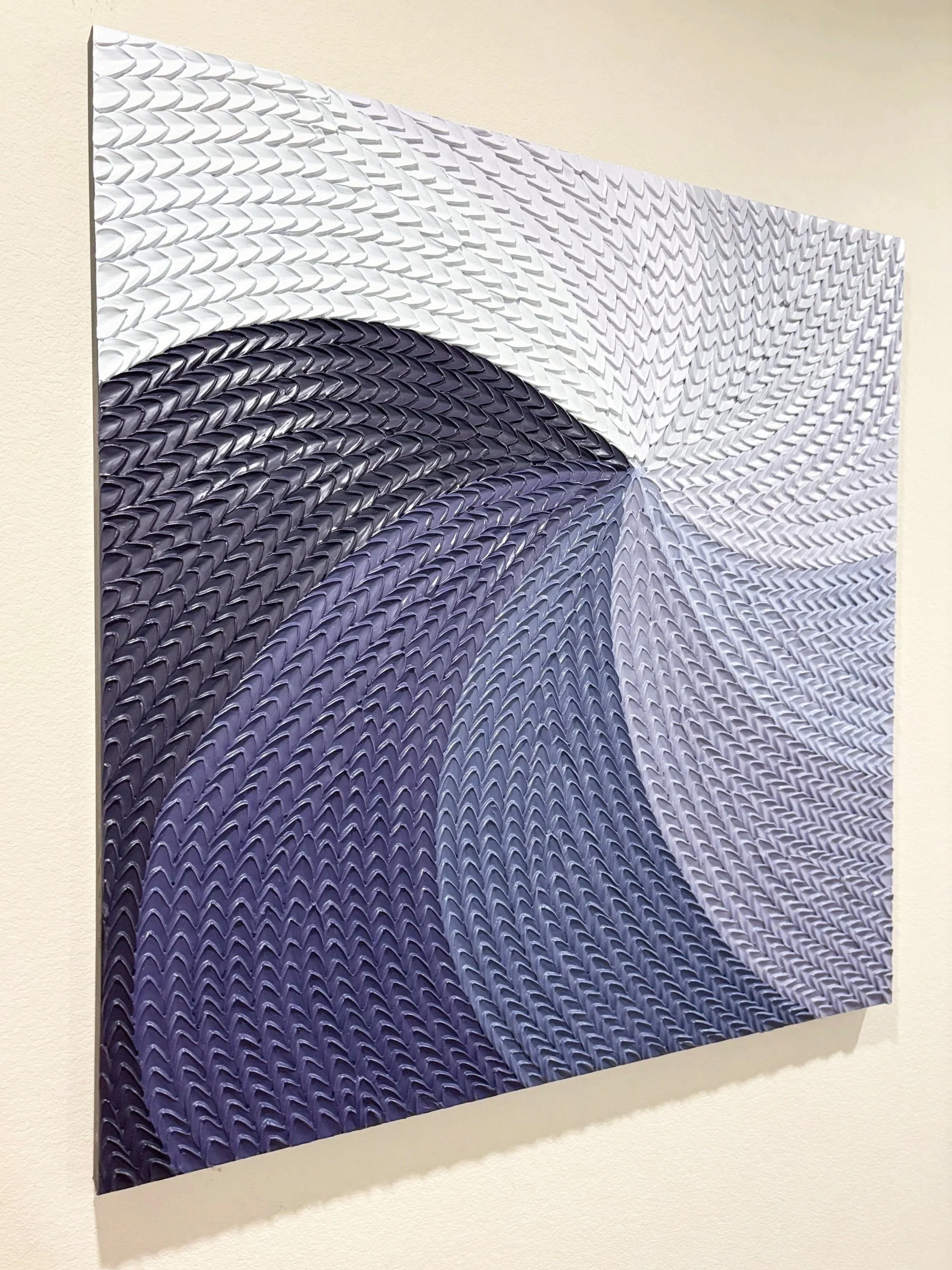 The swirling motion and deep texture give it a powerful sense of movement and weight, while the soft gradient of purples and lavenders evokes a dreamy calm. 