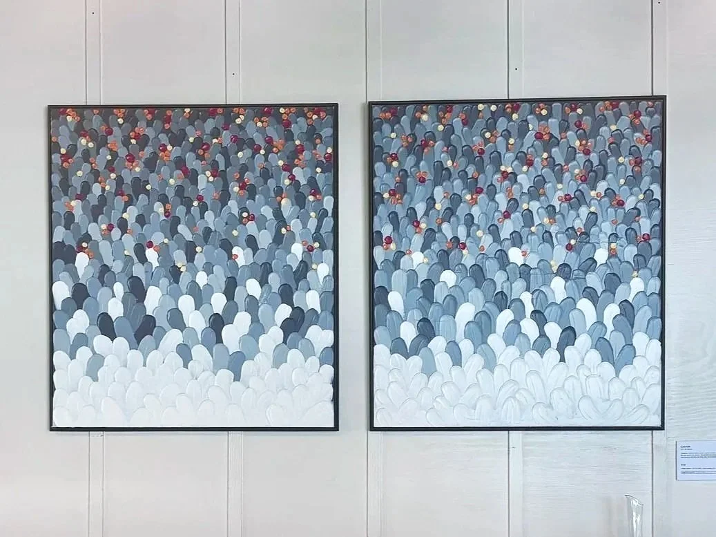 "On Stage" Layers of texture gather into an abstract sea of forms, punctuated by points of light and inspired by the view from the other side of the stage. *Duo For Sale $1,700*