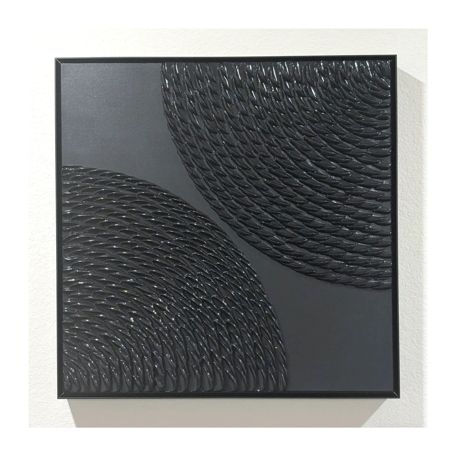 "Divide in Black" is a dramatic exploration of texture and contrast within a monochromatic palette. 24 x 24', with black metal floating frame. *Available - $550*