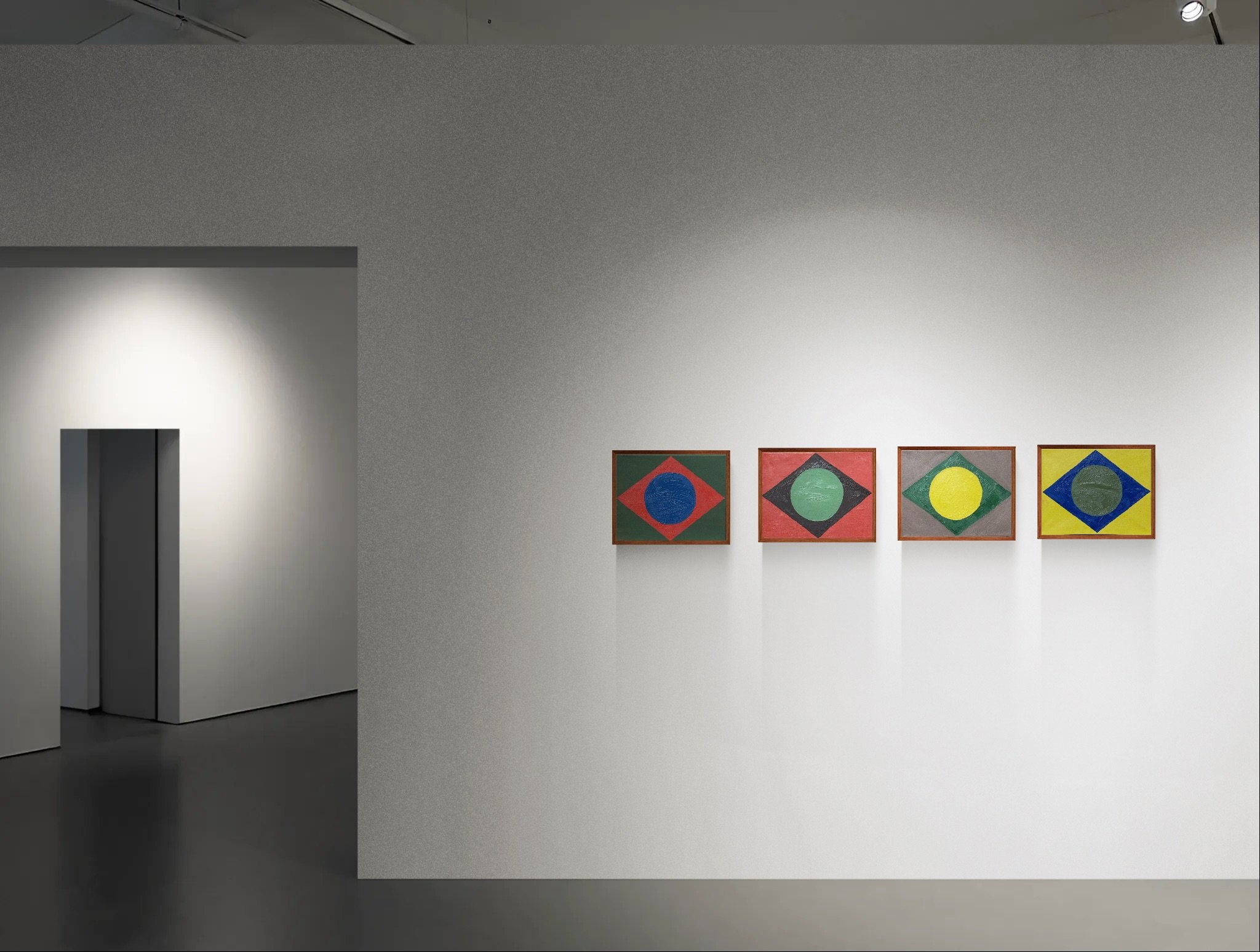 Gallery wall with four abstract colorful paintings in a modern art exhibit by Ton Gomes